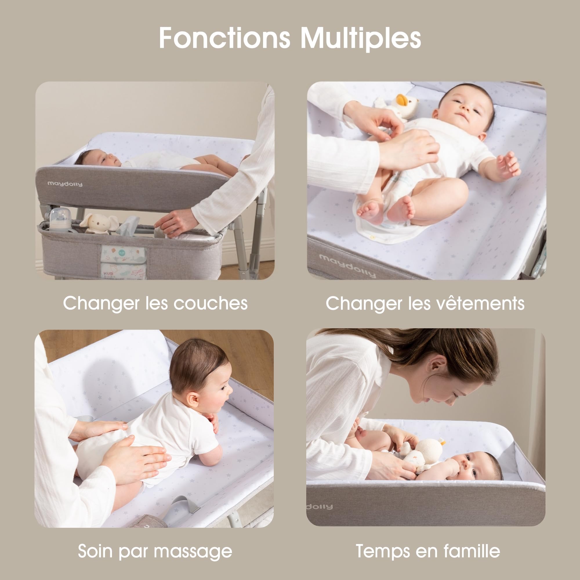 Table à langer pliable et réglable en hauteur Maydolly, table à langer mobile avec roulettes, matelas imperméable facile à nettoyer, commode à langer compacte avec rangements – jusqu’à 15 kg, gris