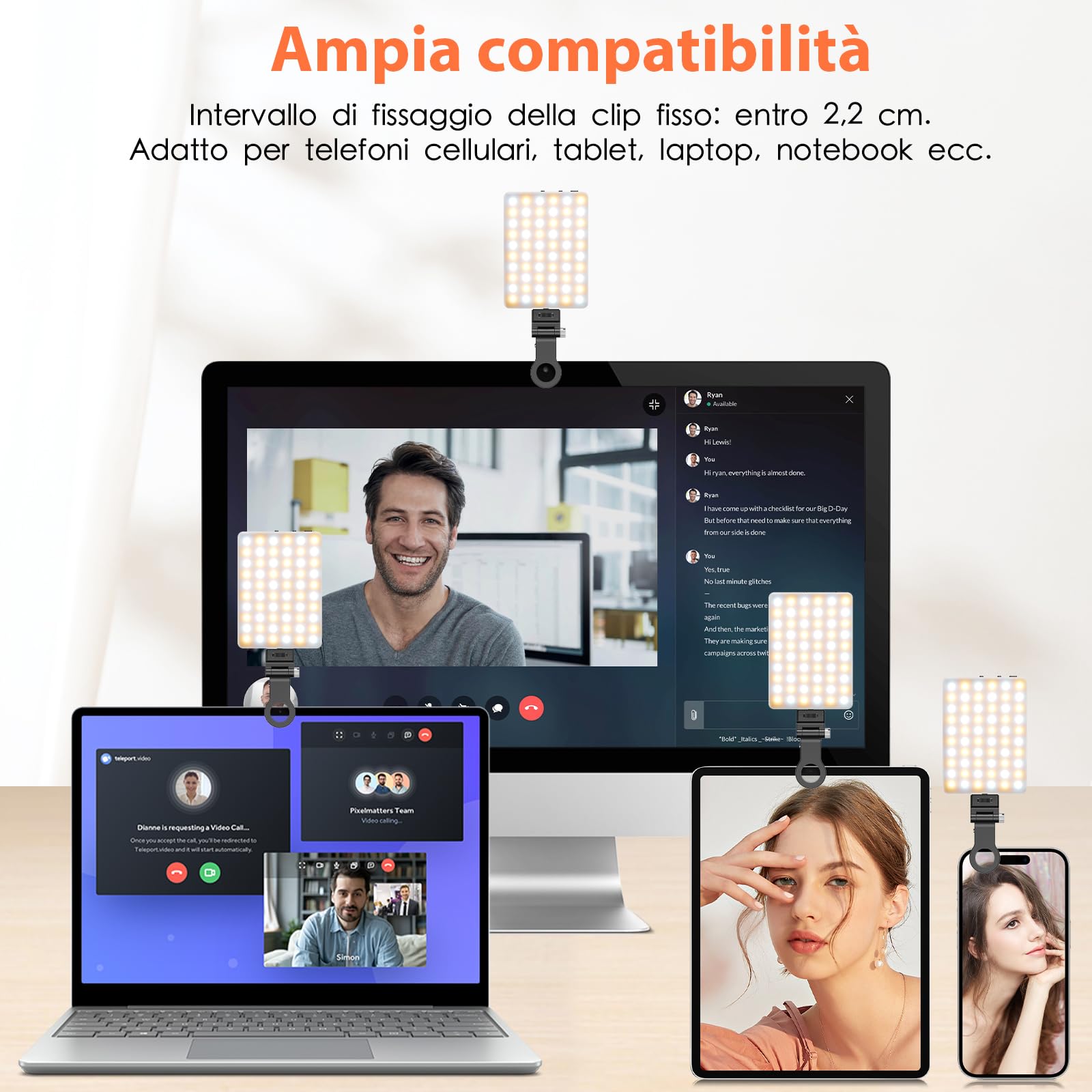 TONEOF Luce Selfie portatile, Flash Luce per telefono ricaricabile con clip e doppio foro tornito da 1/4", Luci per fotocamera 2500-9000K per Phone/computer portatile/tablet-Nero