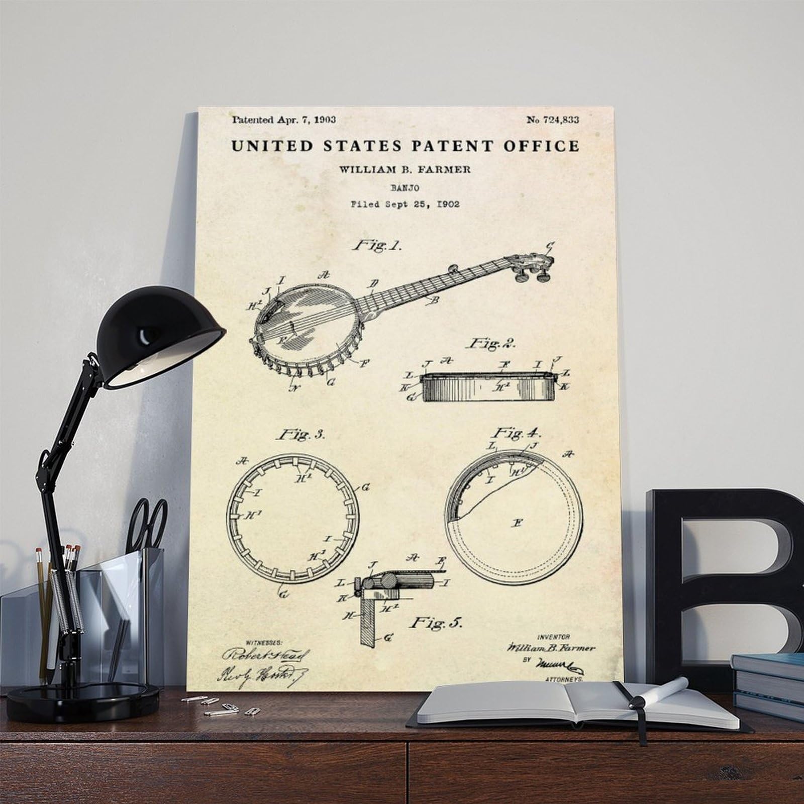 WLQZFRWV Banjo 1903 Brevetto Country Music Blueprint Poster su tela, decorazione artistica da parete per soggiorno, camera da letto, decorazione, 60 x 90 cm