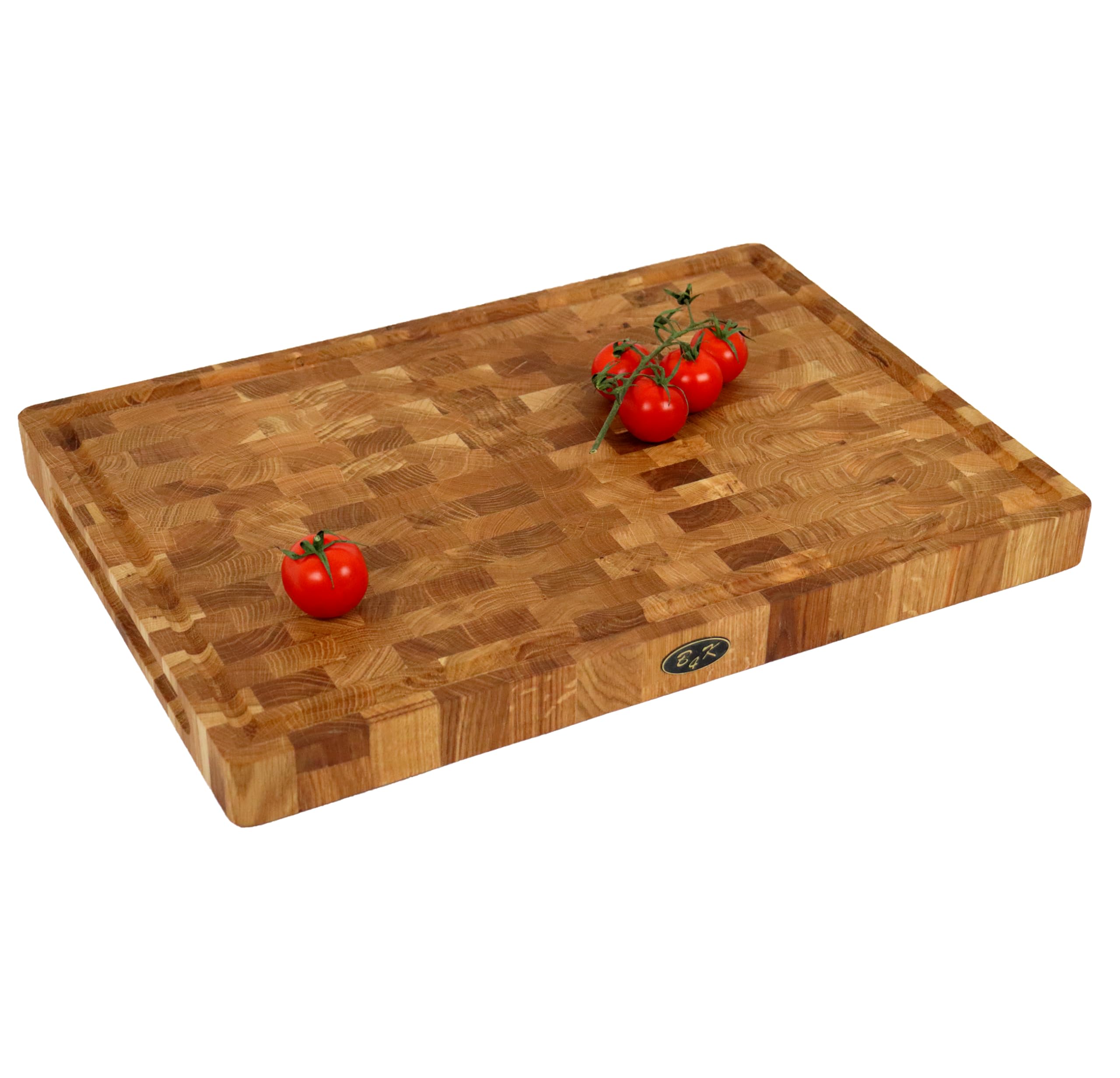 B4K® Tagliere in Legno di Quercia, 50 × 35 × 4 cm | Legno di Cervello Massiccio, Antibatterico, Con Manici, Scanalatura e Piedini in Silicone, Per Cucina, Carne e Barbecue