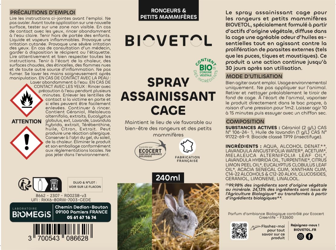 Biovetol Spray Assainissant Cage Antiparasitaire Rongeurs Petits Mammifères 240ml Bio France
