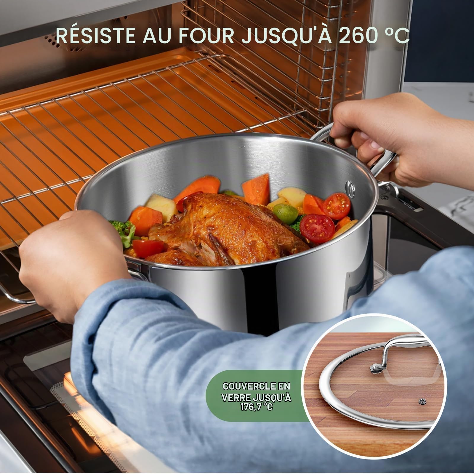 Ensemble de casseroles et poêles en acier inoxydable 3 plis – Batterie de cuisine 11 pièces avec couvercles en verre – Ensemble de casseroles et poêles à induction – Passe au four, sans PFOA, PTFE et