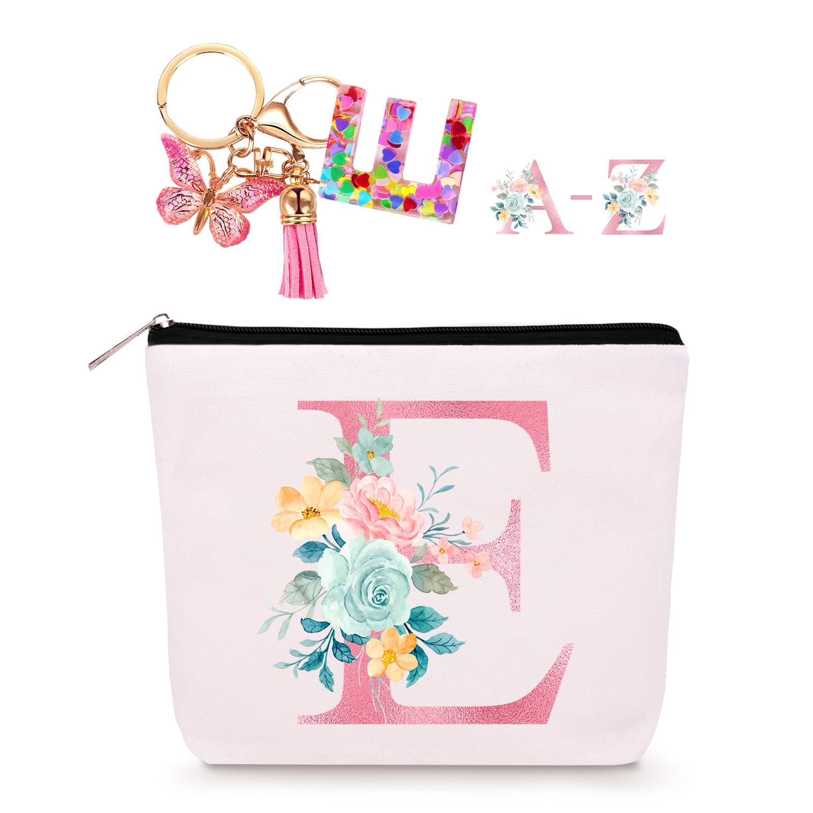 Lingdeer Personalized Makeup Bag with Initial Keychain, Custom Initial Monogram Small Travel Cosmetic Toiletry Bag, Birthday Gifts for Women