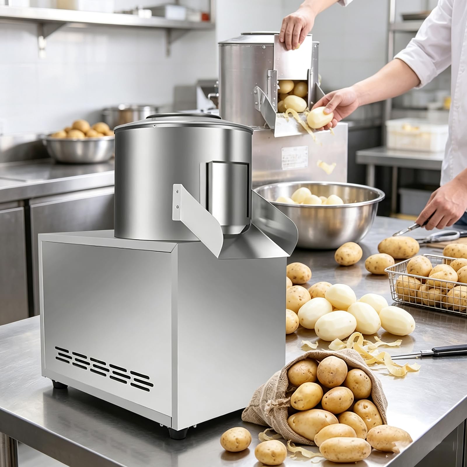 Peladora Eléctrica De Patatas, Producción De 300-500 Kg/h, Pelado Uniforme De 360°, No Daña La Pulpa, Peladora Patatas Comercial De 1100 W con Barril Esmerilado Y Tubería De Agua Enjuague