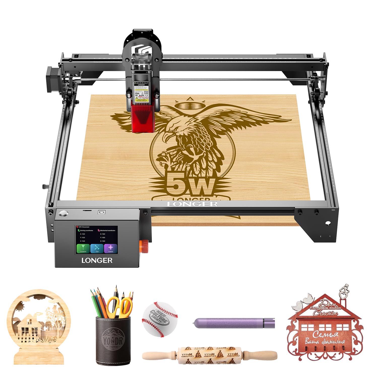 Longer RAY5 Laser Engraver, 5W Output Power, 0.08 * 0.08 mm High Precision Laser Engraver for Wood, Metal, Glass, Acrylic, Leather 15.7 "x15.7", Laser Engraving Machine for Wood/Glass/Acrylic