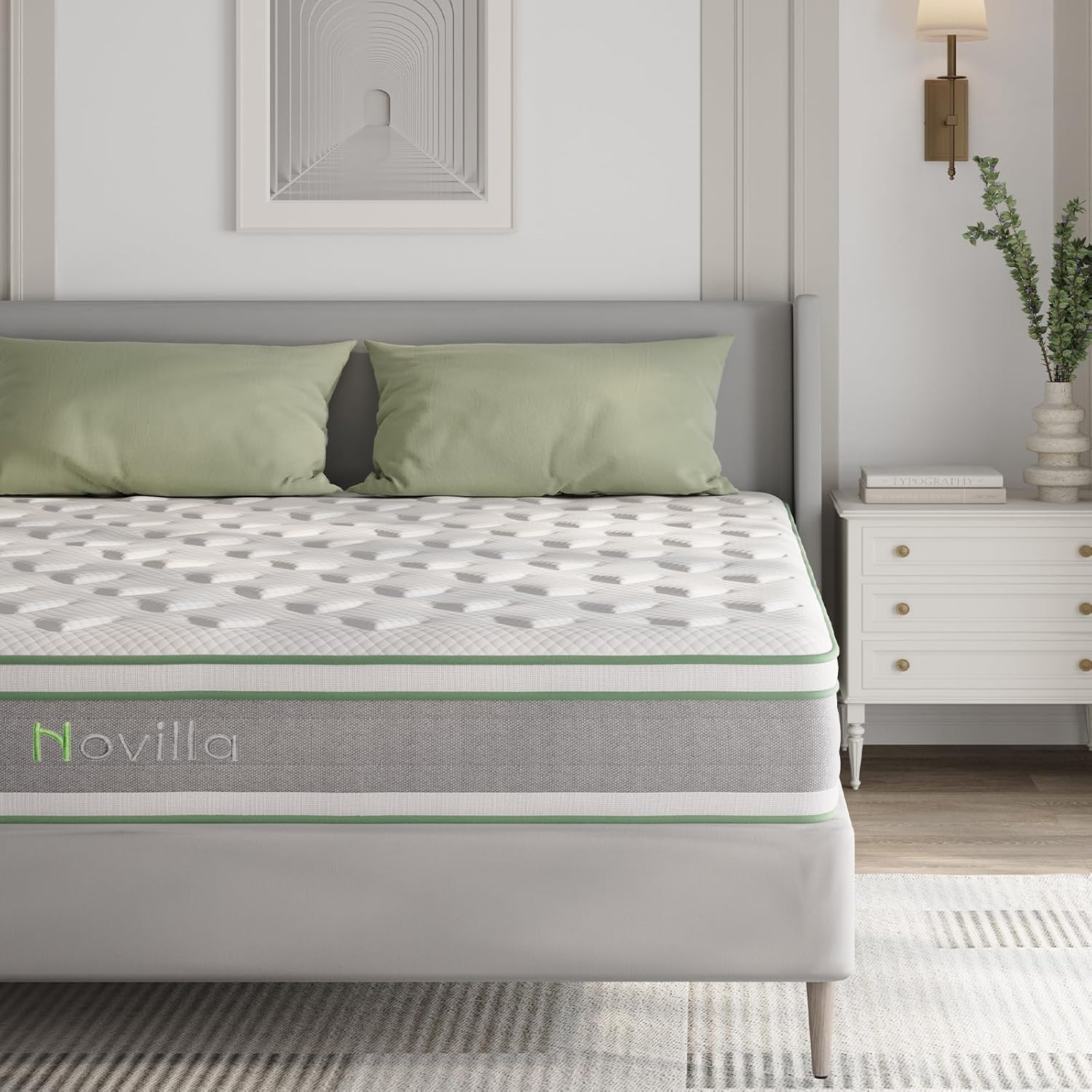 Novilla King Size Mattress?12 Inch Gel Memory Foam & Pocketed Coils with Motion Isolation for Refreshing Sleep, Medium Firm Feel with CertiPUR-US Foam for Pressure Relief,King Mattress in a Box White&green King 10 Inch