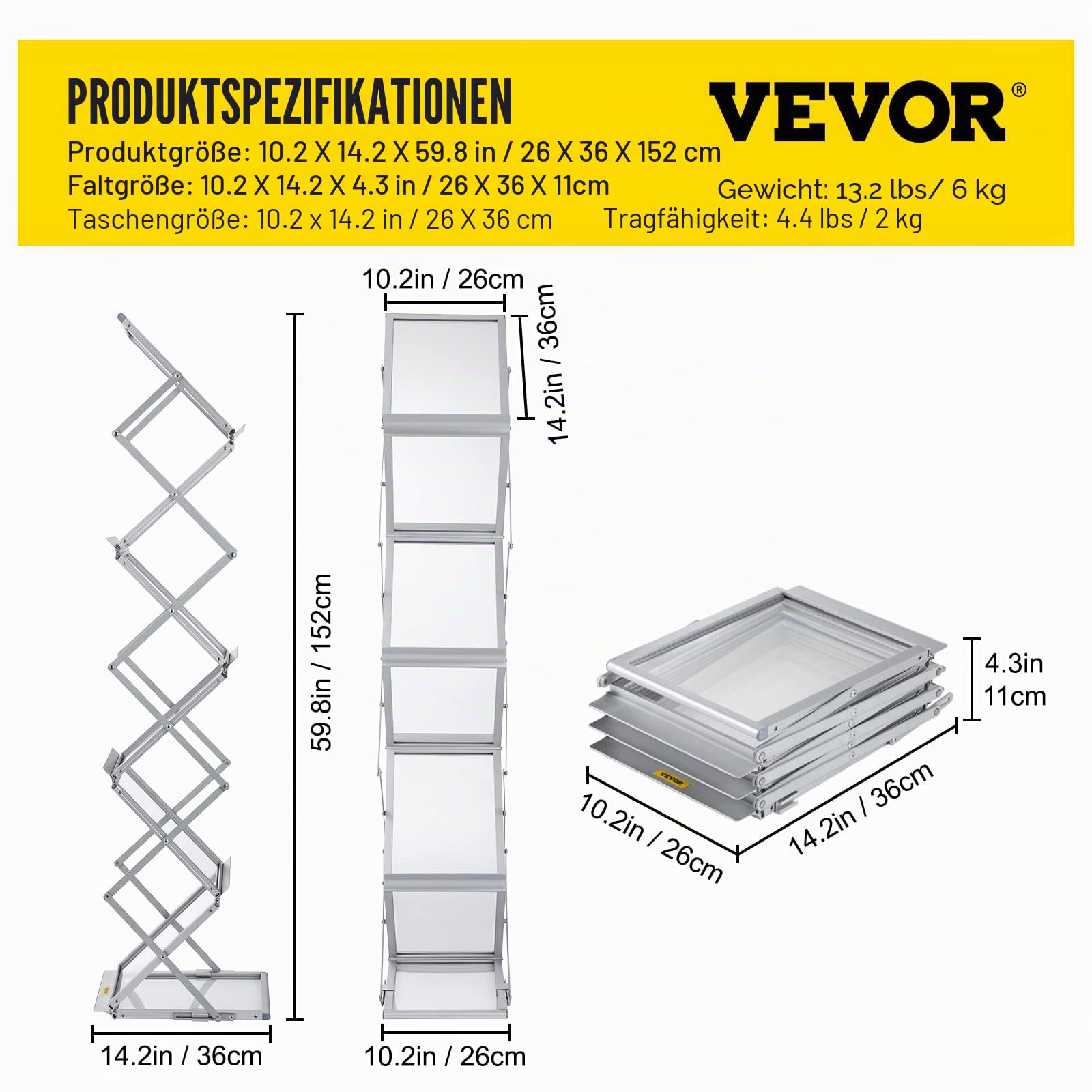 VEVOR Literaturständer, 6 Taschen, Pop-Up-Aluminium-Magazinständer, Leichter Kataloghalter, Ständer mit Tragetasche für Wohnzimmer, Hotel, Messe, Ausstellung, Büro, silber