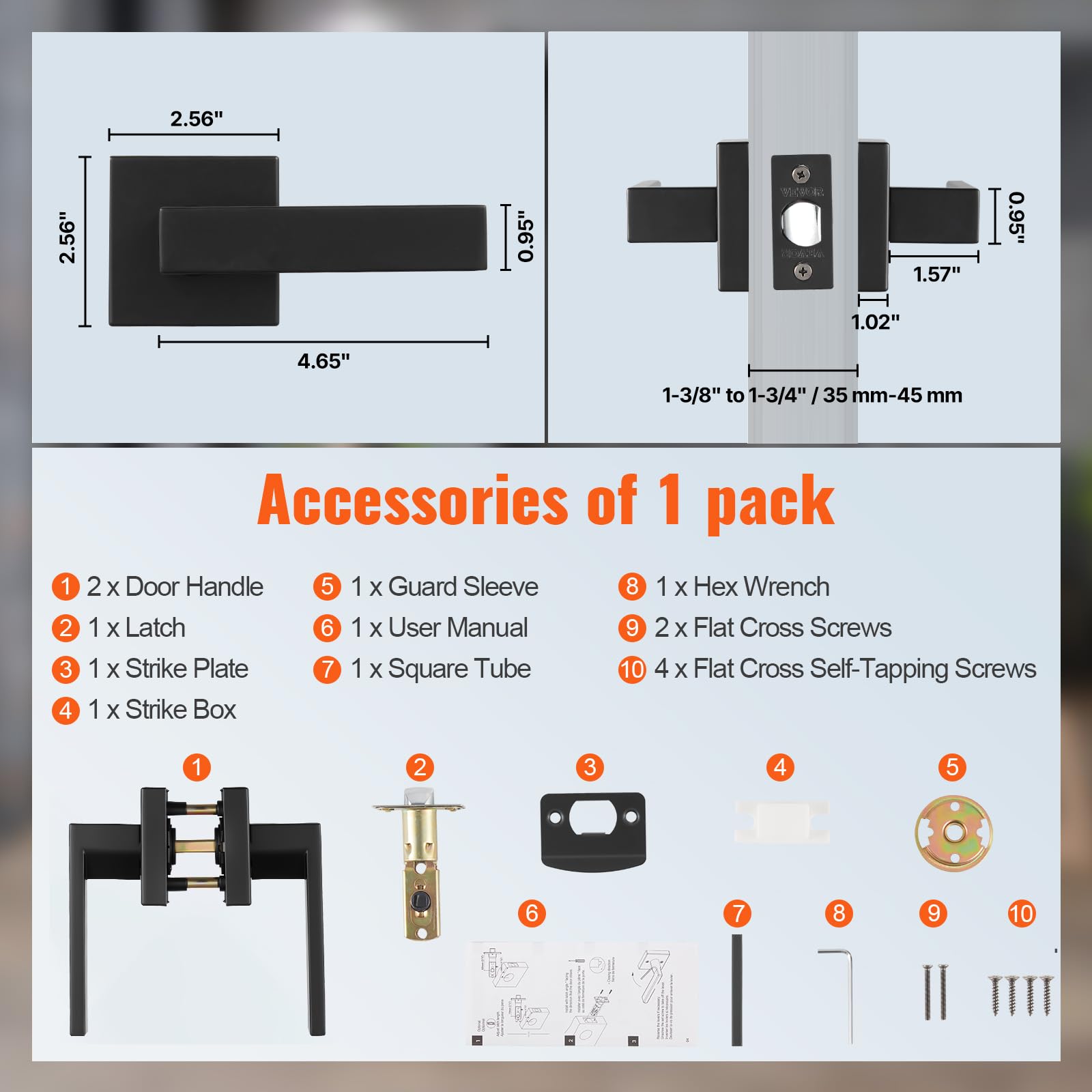 VEVOR 6 PCS Manija para Puerta de Paso, Manija Reversible para Zurdos o Diestros sin Bloqueo, Rotación de 45° para Abrir, Interior Cuadrado Universal para Pasillos, Espacios de Reunión, Negro Mate