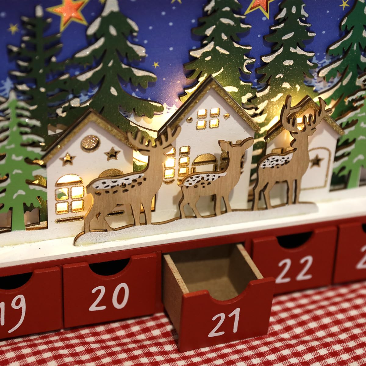 Weihnachten Adventskalender aus Holz mit LED und 24 Schubladen zum Befüllen kleiner Geschenke Countdown bis zur Weihnachtsdekoration