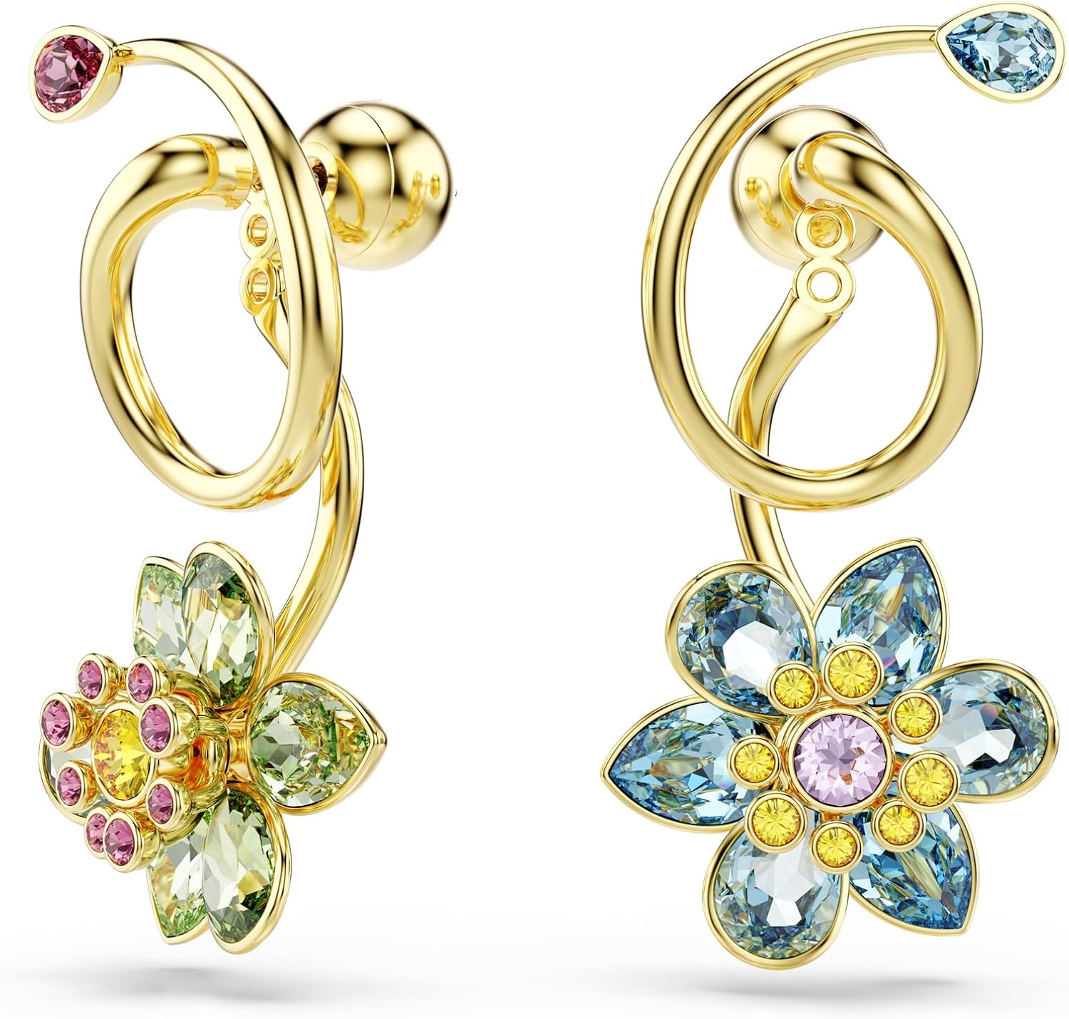 Swarovski Idyllia drop earrings, Asymmetrical design, Mixed cuts, Flower, Multicolored, Gold-tone finish