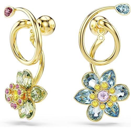 Swarovski Idyllia drop earrings, Asymmetrical design, Mixed cuts, Flower, Multicolored, Gold-tone finish