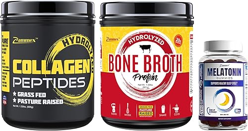 Zammex Polvo de péptidos de colágeno sin sabor + proteína de caldo de hueso de res + gomitas de melatonina