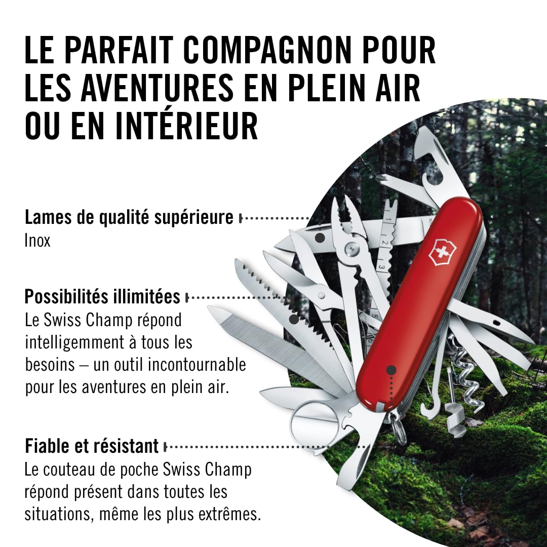 Victorinox Swiss Champ, Swiss Army Knife, Couteau de Poche Suisse, Léger, Multitool, 33 Fonctions, Lame, Ciseaux, Tire Bouchon, Rouge