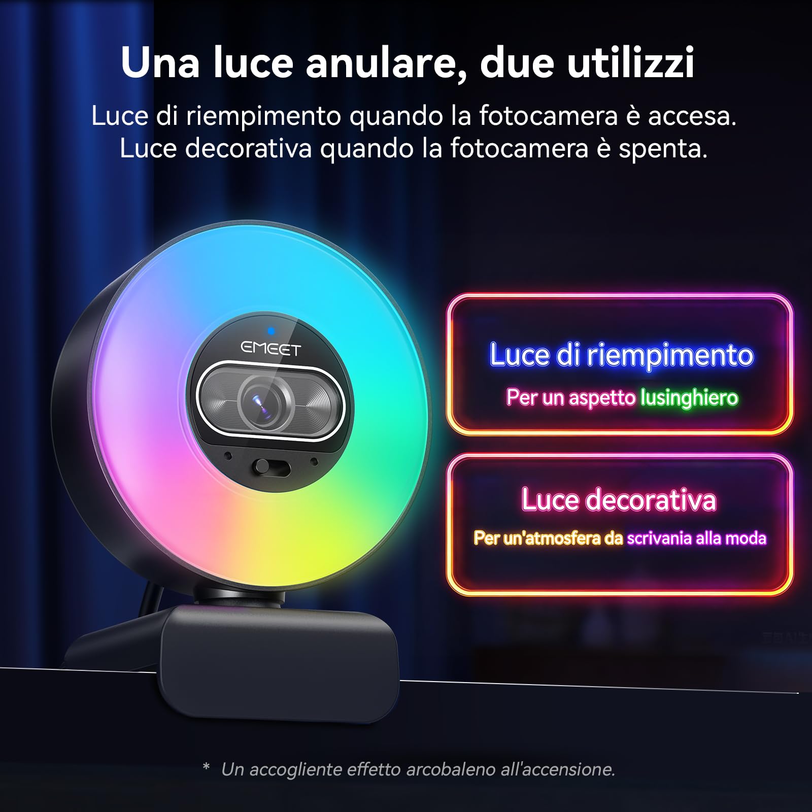 EMEET Webcam S600L 4K per Streaming con Luce ad Anello, 4 Modalità di Illuminazione, Effetto Arcobaleno, Sensore da 1/2", Imaging AI, PDAF 0,2S, 2 Microfoni, Webcam 4K con Luce per OBS/Twitch/PC/Mac