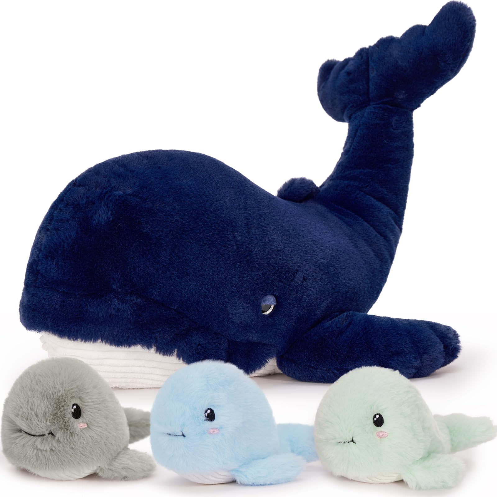 MorisMos Balena Peluche 50cm, Blu scuro Balena Mamma con 3 Cuccioli, Grande Realistico Morbido Dolce Giocattolo di Peluche Regalo per Bambini Compleanno Natale Deco