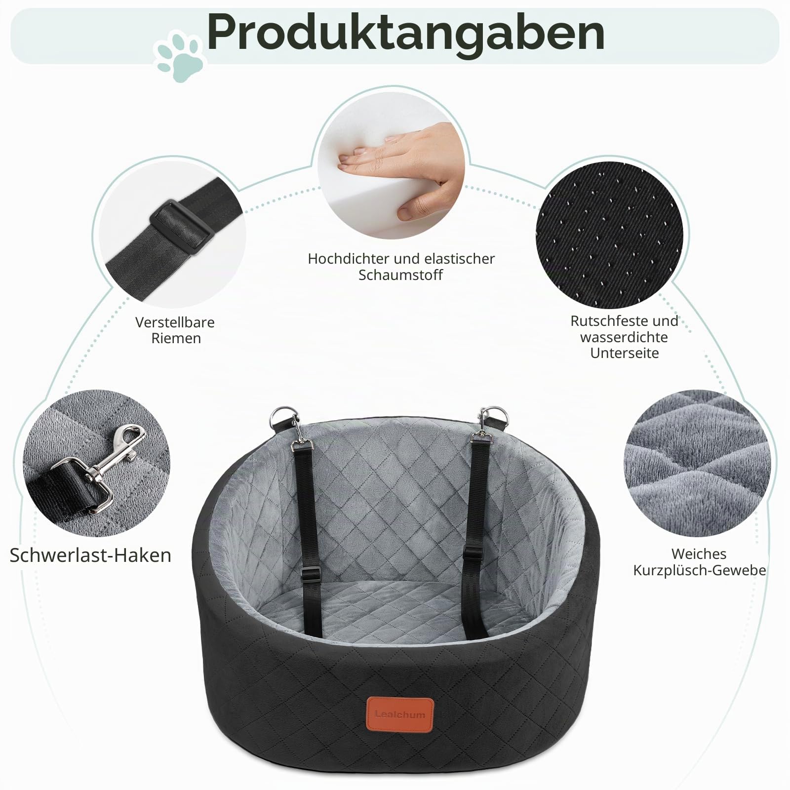 Lealchum Hunde-Autositz, bequemer Haustier-Autositz mit Sicherheitsleinen zum Anklippen, waschbares Reise-Autobett mit Rutschfester Unterseite (Black/Grey, Small)