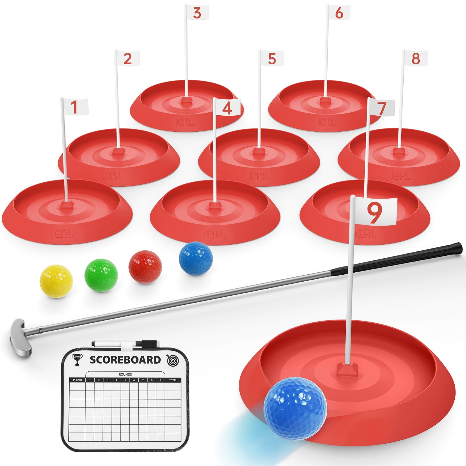Mytrix Mini Golf Game Set, for Adults Includes 9 Holes, 4 Balls, Dry-Erase Scorecard, and Golf Putter, Build Your Own Miniature GolfGame Course at Home Office Red Backyard