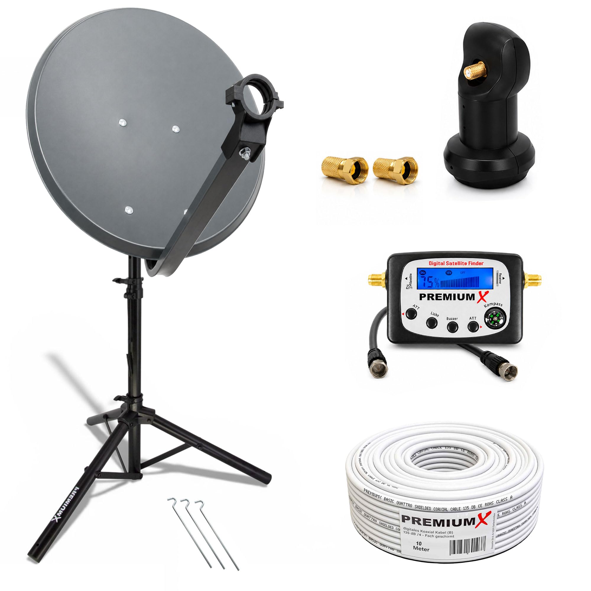 PremiumX Camping Satelliten-Komplettanlage 60cm Satellitenschüssel Single LNB Sat-Finder 10m Kabel F-Stecker Dreibein-Stativ