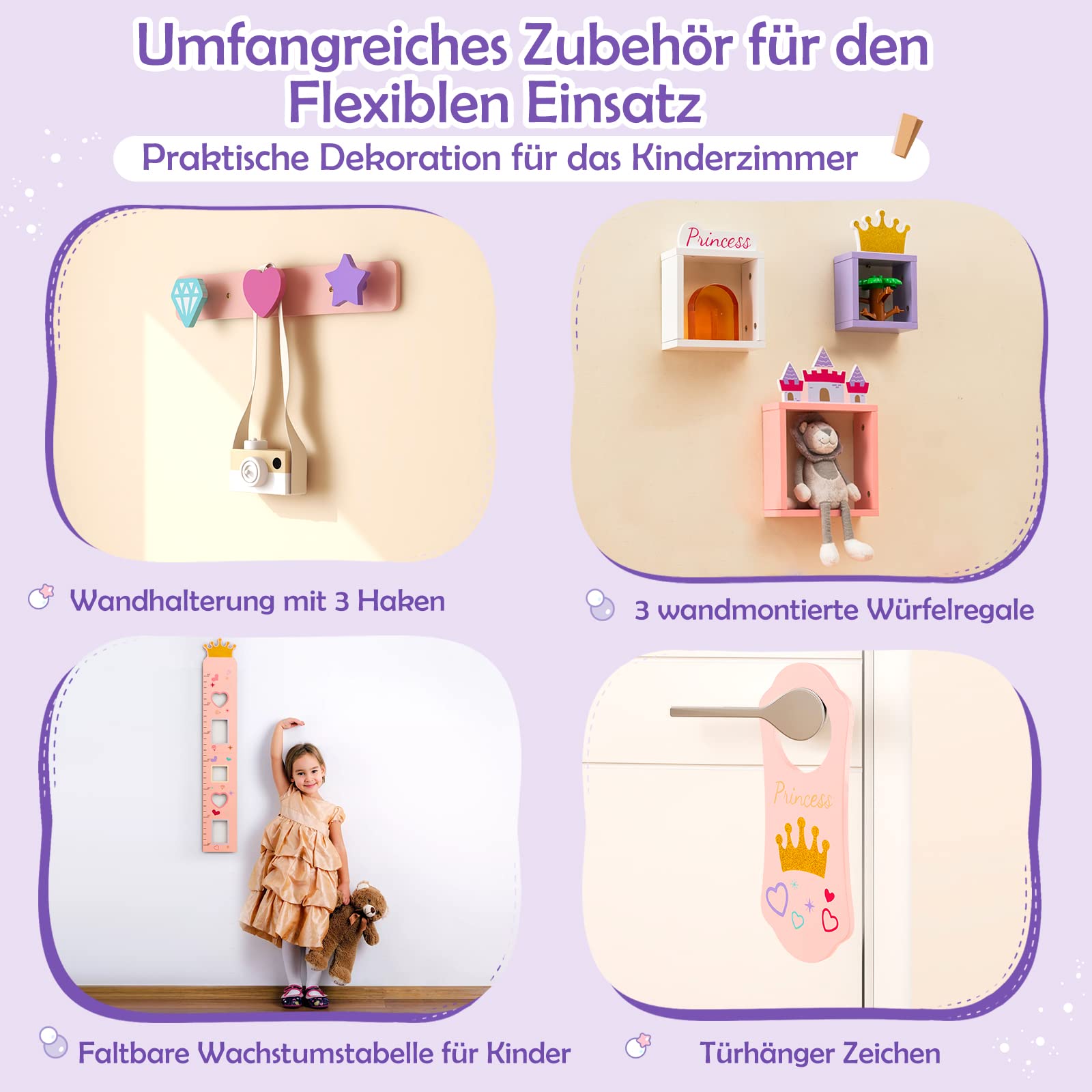 GOPLUS Kinder Schminktisch mit Spiegel, Prinzessin Frisiertisch mit Wachstumstabelle, Türhänger, Kleiderhaken & Wandregal, Kosmetiktisch Holz mit Hocker, Mädchen