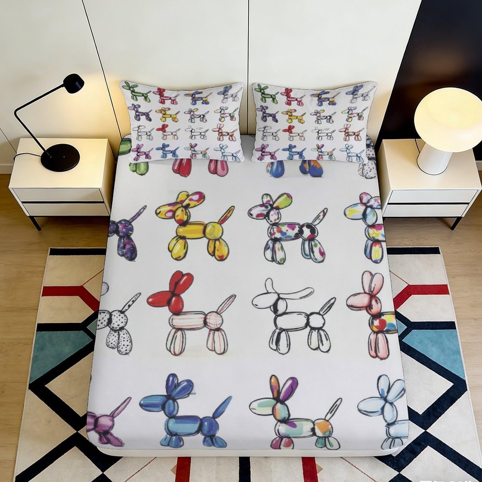 3D Printed Balloon Dog Pattern Fitted Sheet Microfiber Soft Breathable Graffiti Bed Cover for Bedroom Dorm Decor 90x200x25cm