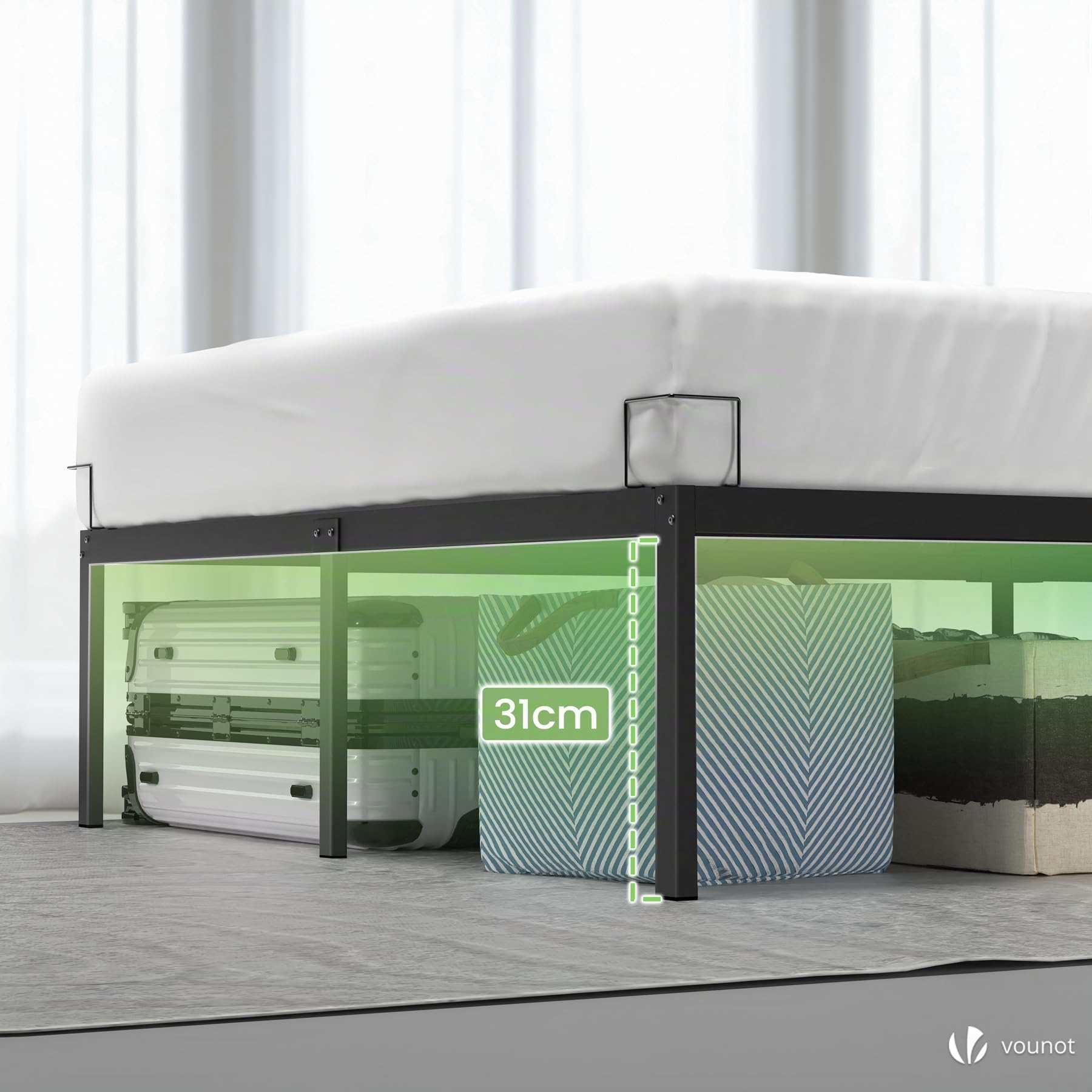 VOUNOT® Cama 160x200 cm Altura 36cm con Espacio Almacenamiento Debajo de Cama, Estructura de Cama Somier de Matrimonio de Listones, Armazón Marco Base de Cama Metal, Mueble para Dormitorio Hogar Negro