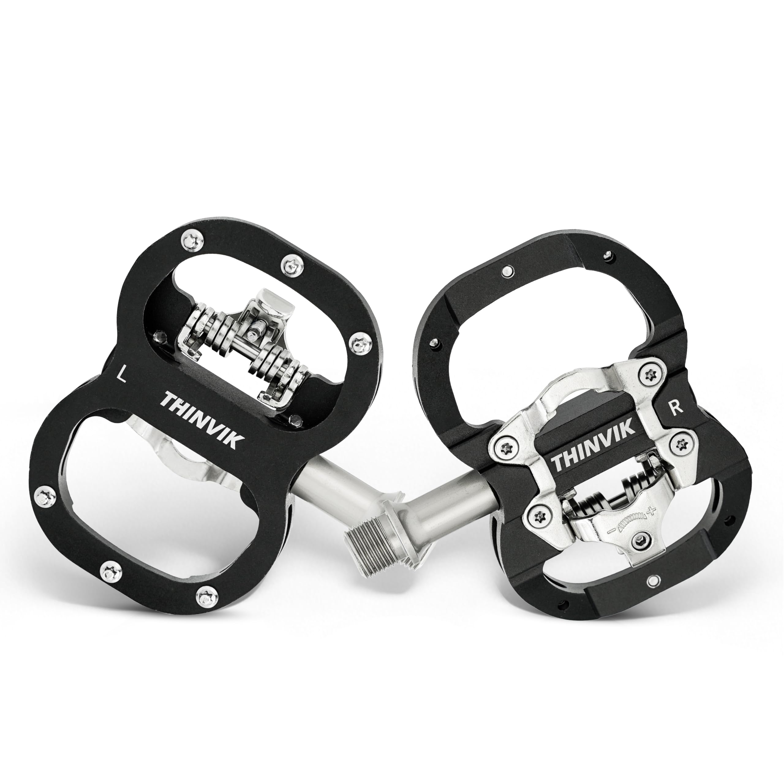 Thinvik Pedales de Bicicleta para Shimano SPD de Doble Función Plataforma y Automáticos para MTB con Calas Compatibles - Pedales de 9/16" Color Negro/Plata