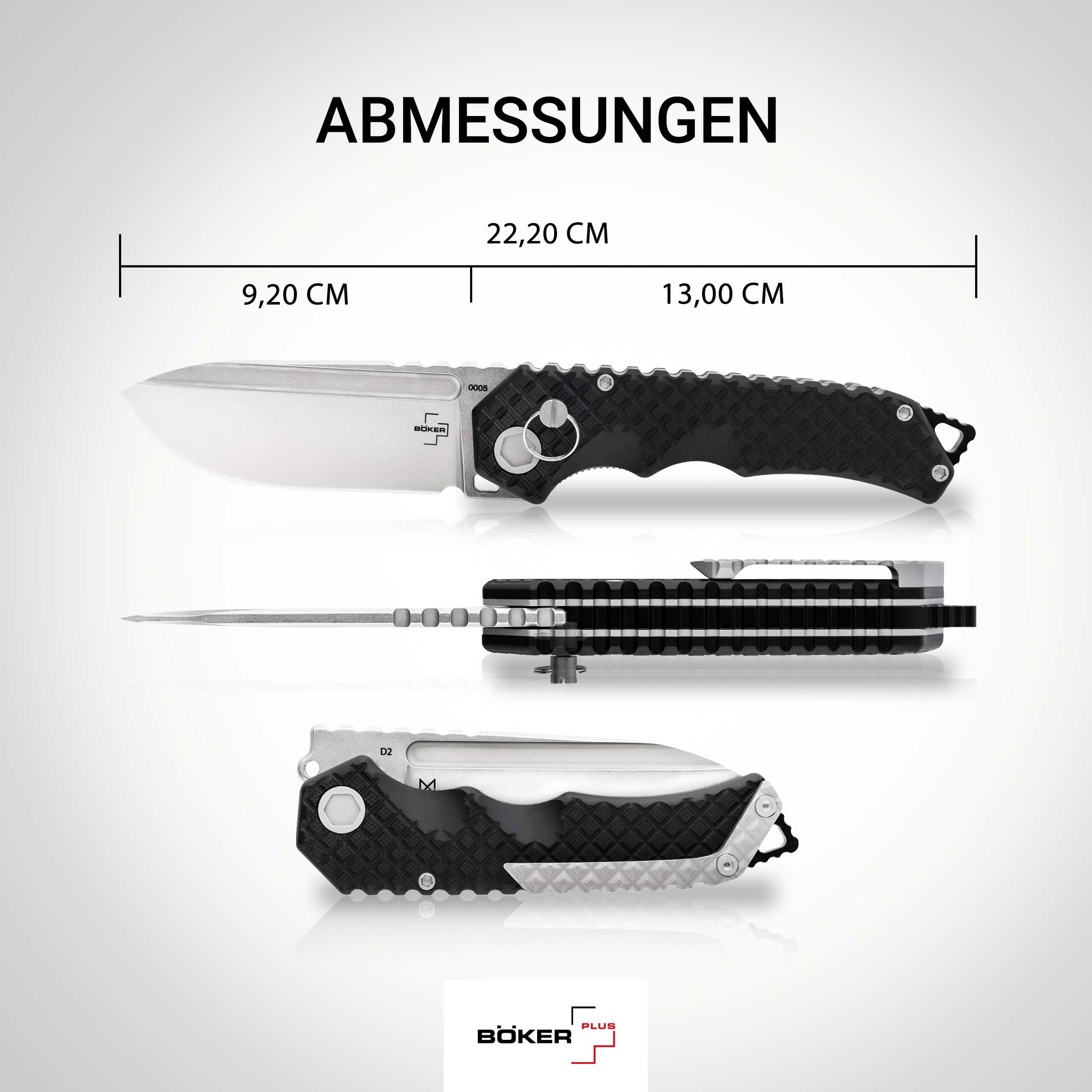 BÖKER PLUS® Hermod Folder - 42a konformes Taschenmesser 9,2 cm D2 Spearpoint Klinge - Klappmesser im taktischen Look mit Bolzen – extra scharfes Linerlock Zweihand Messer mit Glasbrecher & Etui