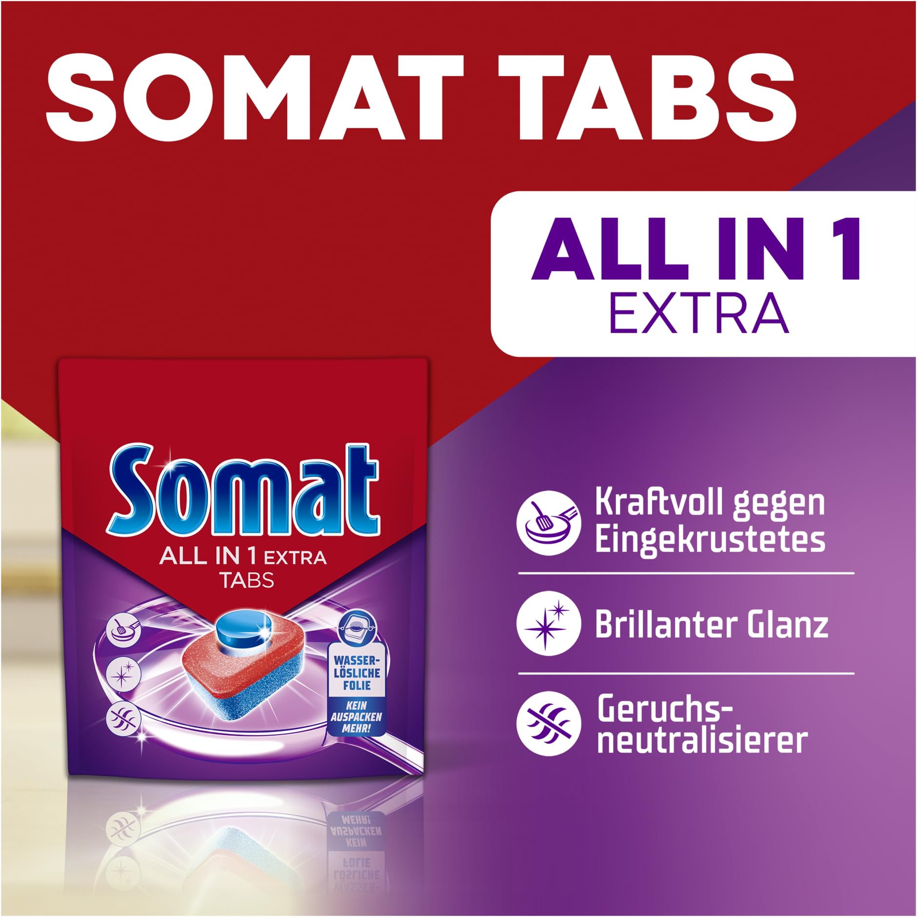 Somat ALL IN 1 EXTRA Spülmaschinentabs (4x92 AW), Geschirrspültabs für strahlend sauberes Geschirr auch im Niedrigtemperatur-, Kurz- & Eco-Programm, entfernt Eingekrustetes, sorgt für brillanten Glanz