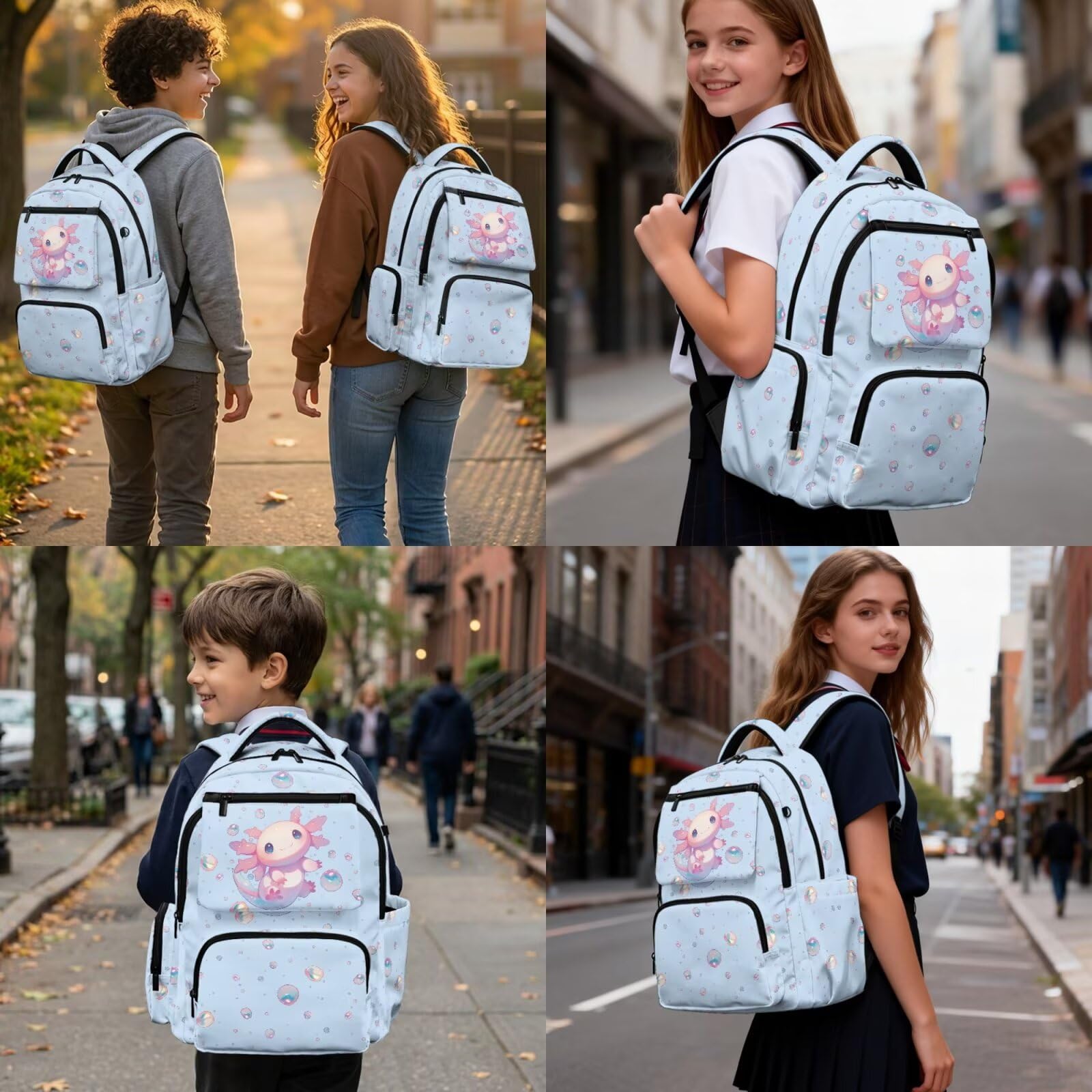Howilath Set zaino per bambini per ragazze e ragazzi elementare scuola media 4 pezzi con portapranzo astuccio astuccio bottiglia d'acqua Mochilas Escolares Para Niñas, Bolle Axolotl, L, Classico