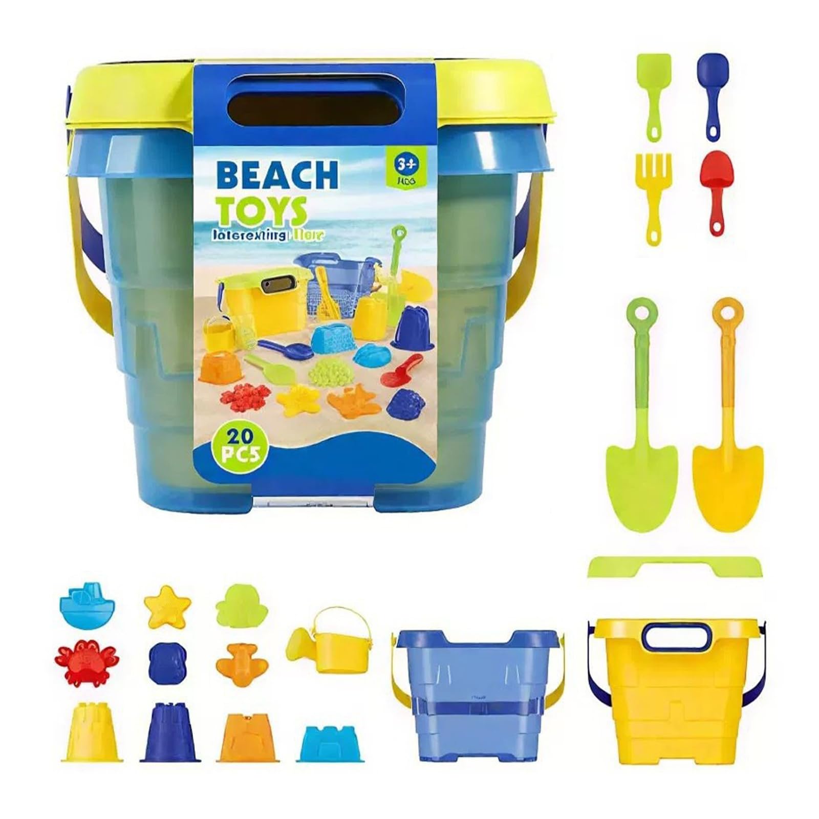 Shore Spielspielzeug Set, 20-teiliges Eimer und Sandwerkzeug Set mit Schaufeln, Gießkanne, Siebdeckel und Formteilen für Strandtage und Sandkastenspaß, Strandspielzeug, Sandspielzeug, Eimer,