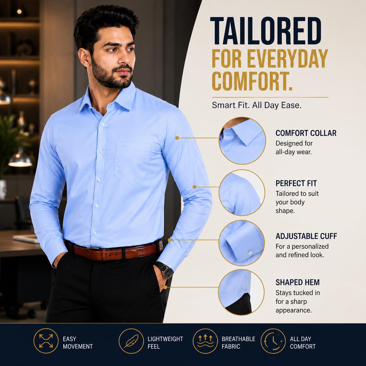 XJARVIS Clifton Men’s Formal Shirt | Premium Soft Cotton Blend Regular Fit Shirt for Men | Full Sleeve Spread Collar Office Wear Casual Shirt with Pocket, Pack of 1 (Blue, 2XL) 3