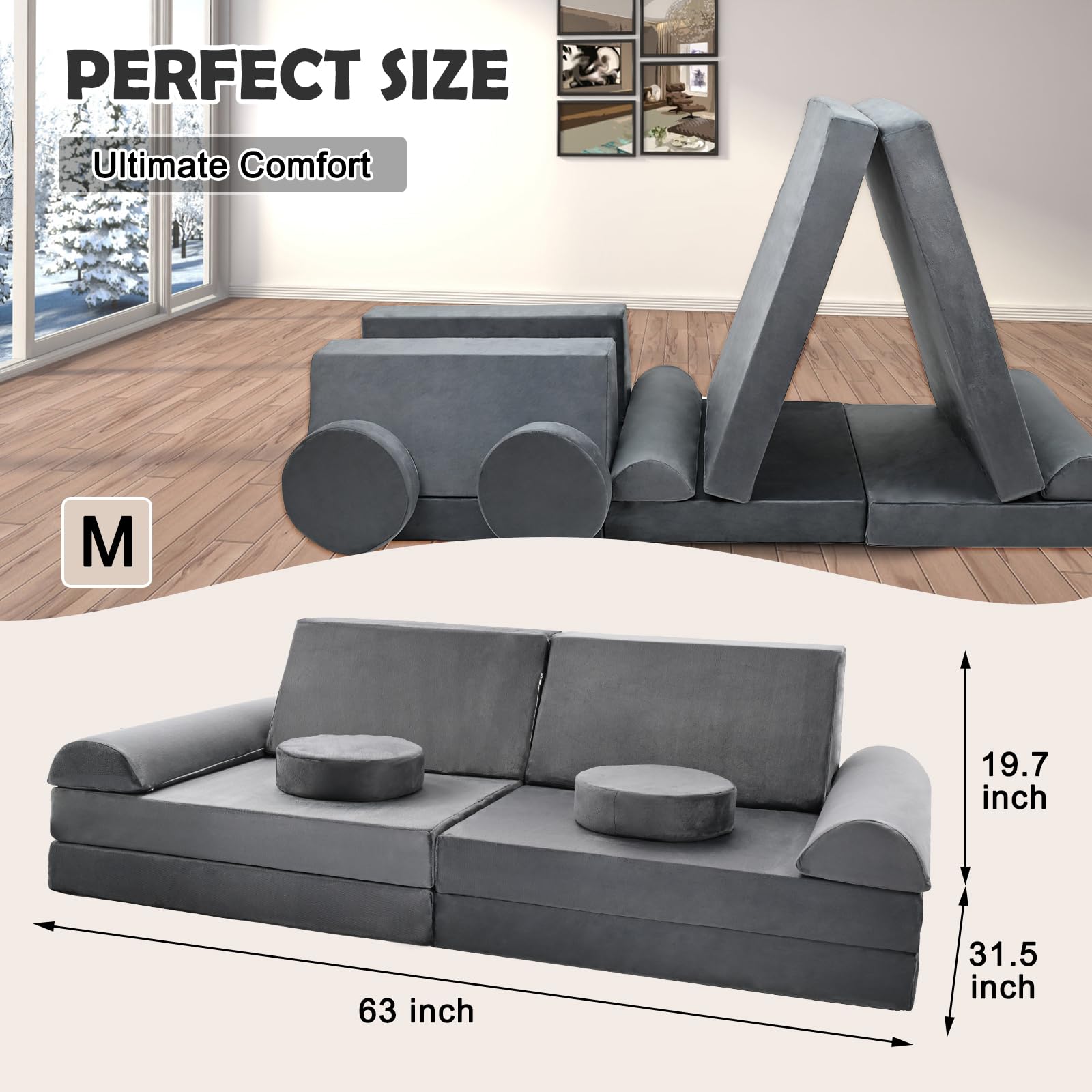 Sofá de juegos para niños, sofá infantil de 10 bloques de construcción de espuma, flexible y combinable, sofá modular para jugar, ser creativo, dormir (160 cm)