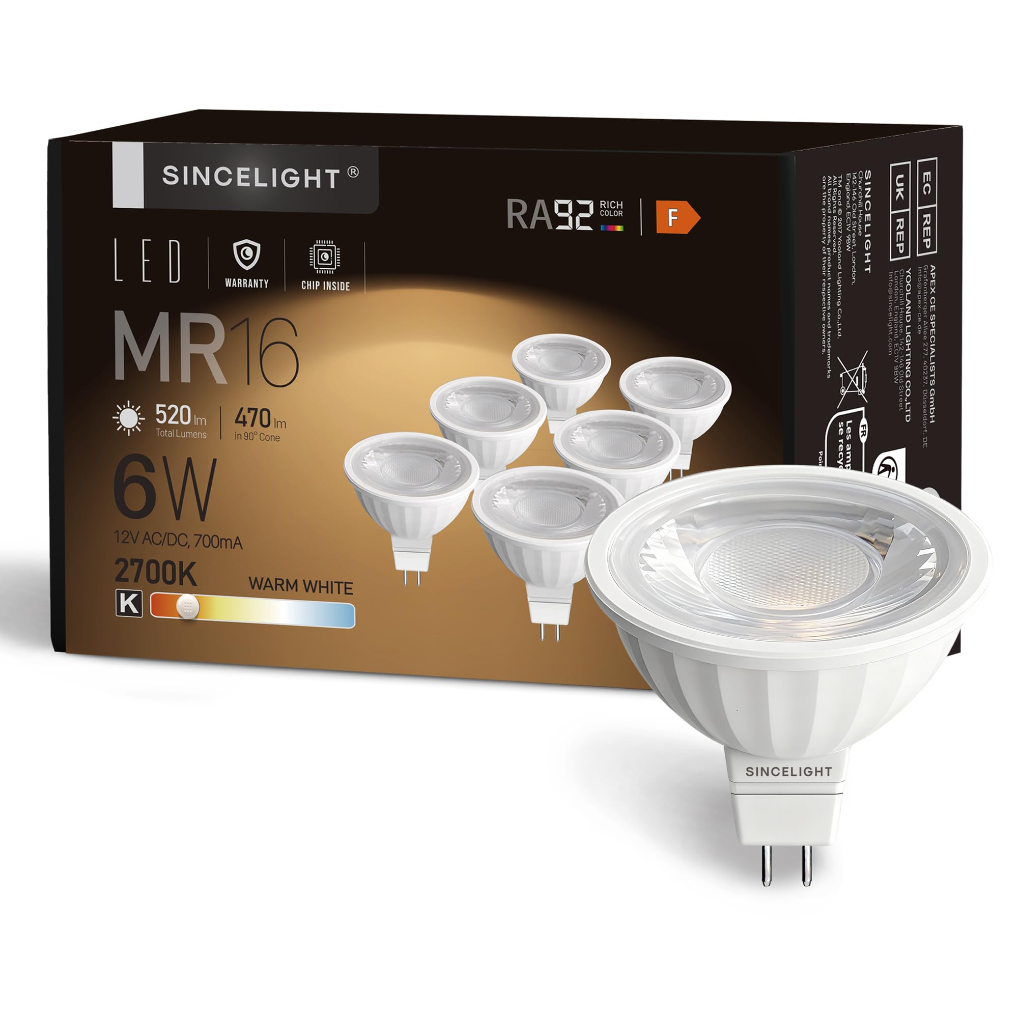 SINCELIGHT MR16 LED-Glühbirnein 12V Ø50mm Reflektorlampe mit GU5.3-Sockel, 6W, 450 Lumen, Ersetzt 50 Watt, Reiche Farbe, Farbwiedergabeindex RA≈92, Warmweiß 2700K, 38°Ausstrahlungswinkel, 6er-Pack