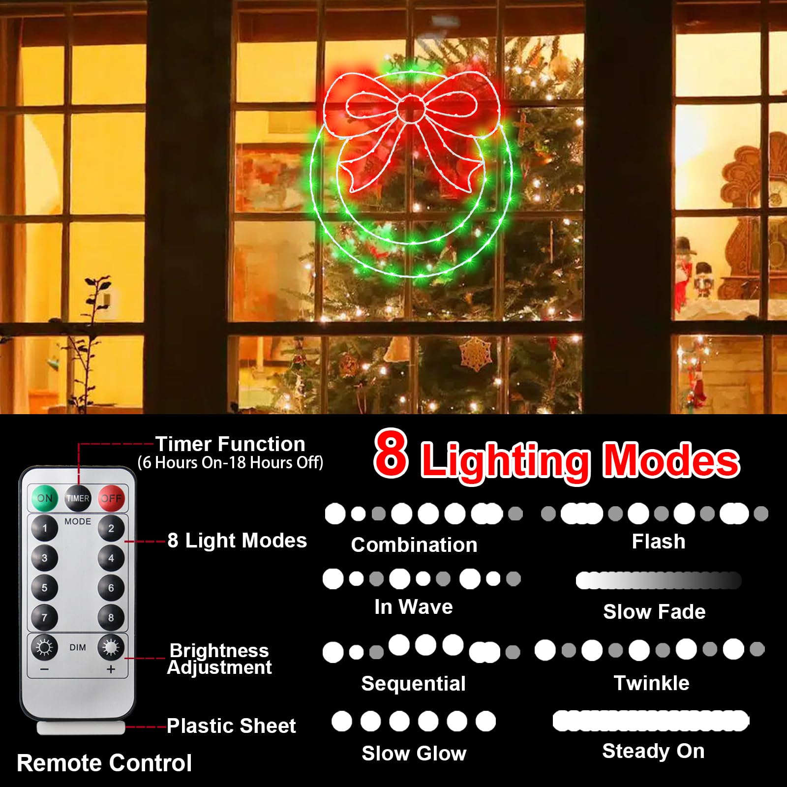 Zimati Lot de 2 guirlandes lumineuses de Noël de 34,3 cm à 82 DEL avec nœud, minuterie, télécommande USB, lumières de fenêtre pour porte, maison, fête de Noël
