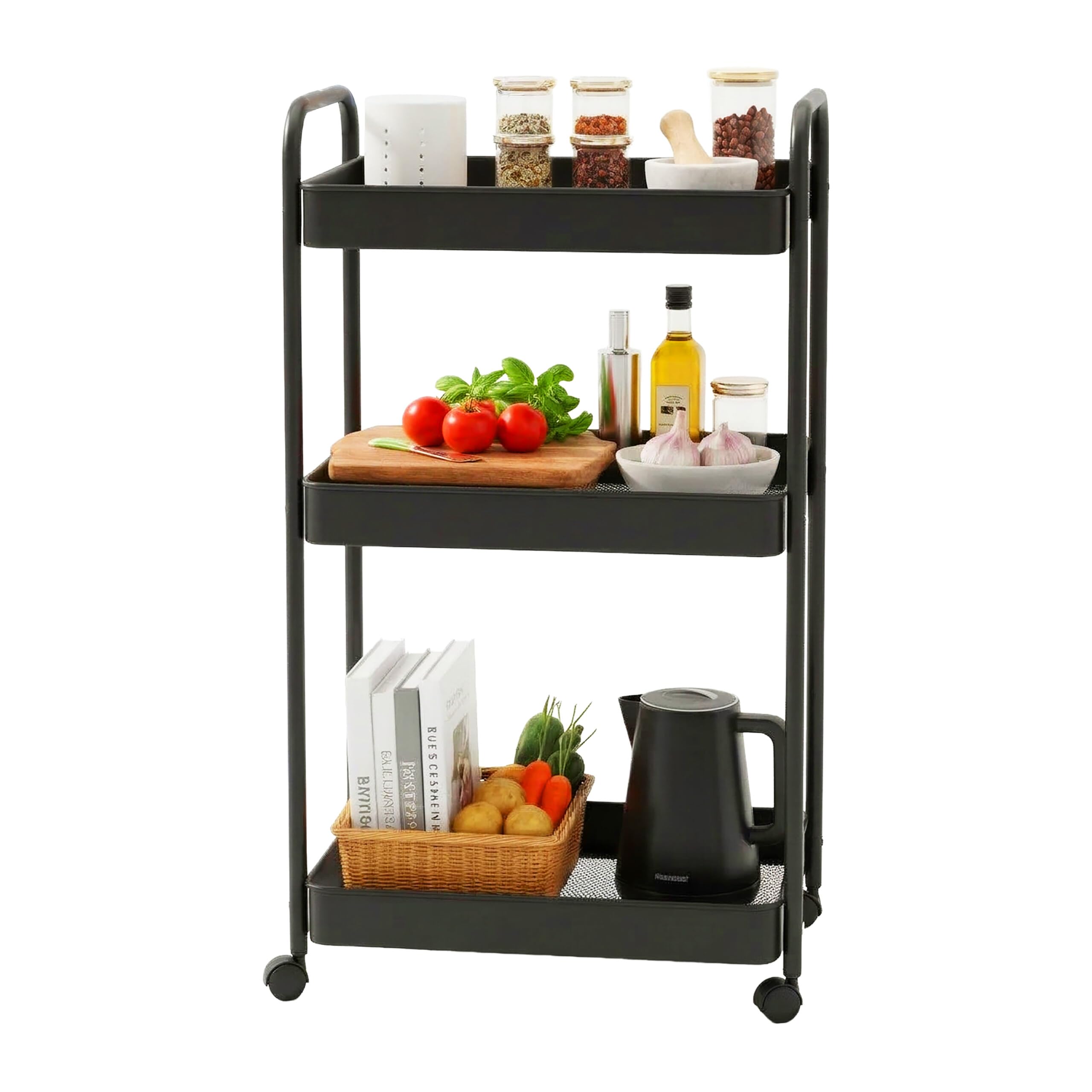 Relaxdays Rollwagen, 3 Mesh-Etagen, Servierwagen, Küchenwagen Bad & Büro, HBT: 78x43x30 cm, Bastelwagen Metall, schwarz