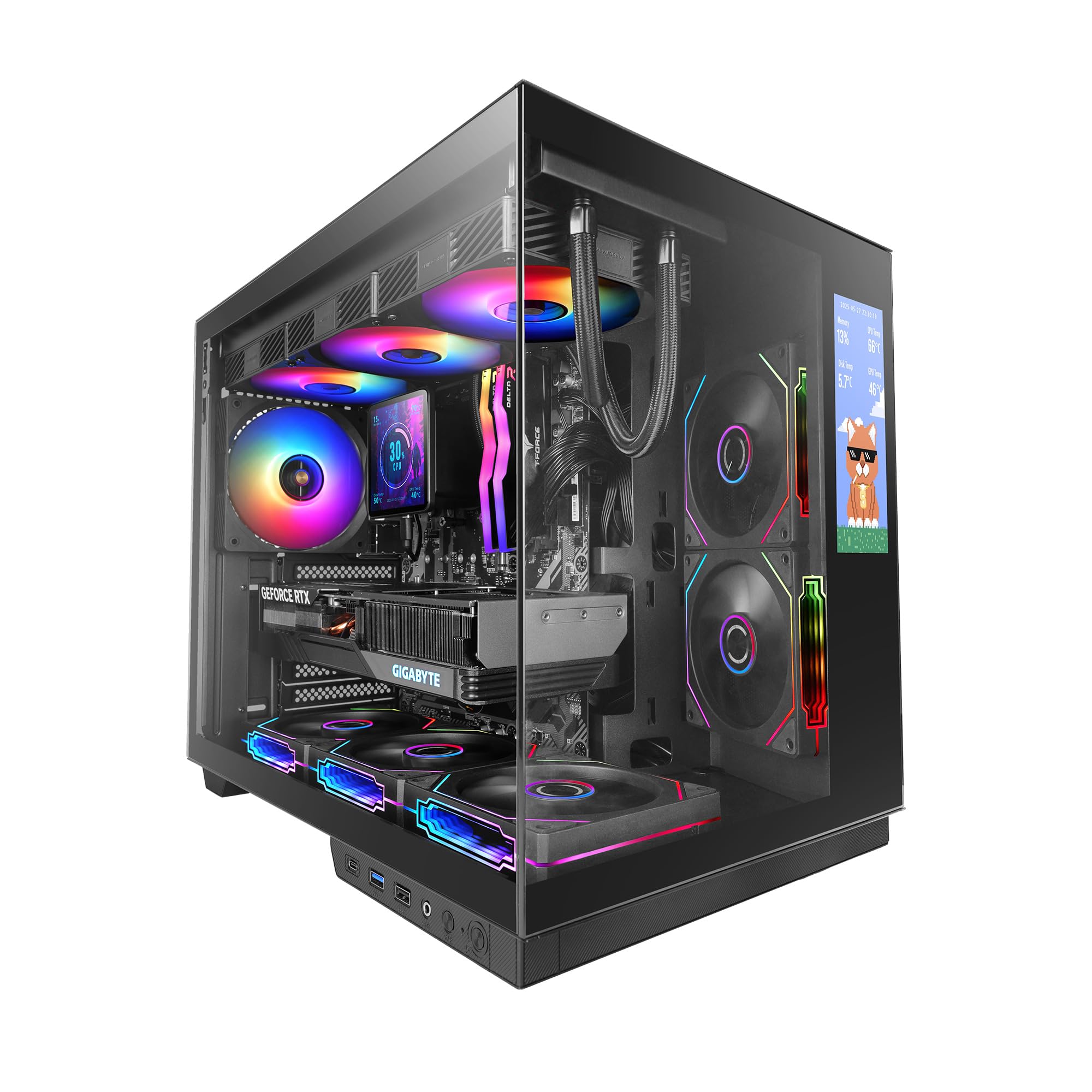 Mars Gaming MC-MIRAGE, Gaming Case ATX, 7.2” Customizable LCD IPS Display, Continuous Tempered Glass Front and Side, Dual Chamber Structure, Liquid Cooling Support up to 360mm, Black
