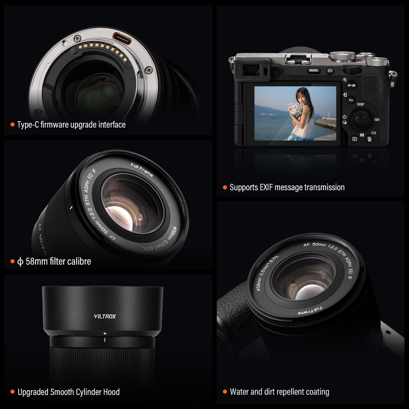 VILTROX 50mm F2.0 Full Frame Autofocus Objectifs pour appareil Photo Sony E Mount Camera Lenses FE Compatible Avec Sony a7 a7C a7III a7RIII a7RIV a7RV a9 a6100 a6400 a6700(Black)