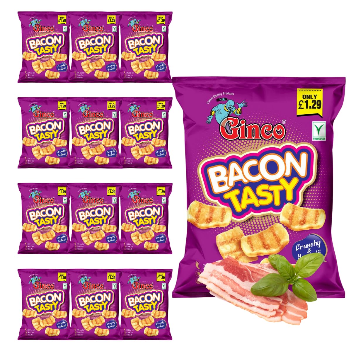 Ginco Bacon Tasty Crisps (12 x 100g) - Crispy Bacon, Bacon Smoked Rashers Crisps | American Snacks, Streaky Bacon Rashers, Snacks Bulk | Bar Snacks, Pub Snacks, Savoury Snacks | Smoked Bacon Rashers