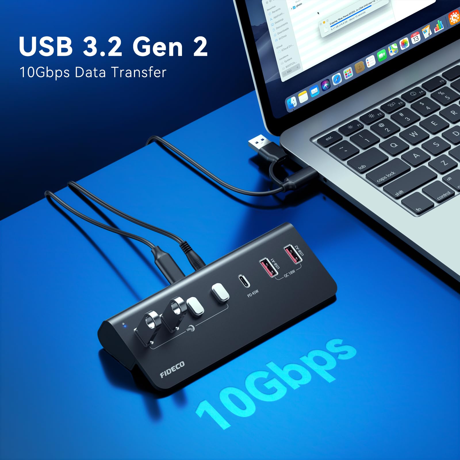 FIDECO Hub USB Alimentato a 7 Porte da 72W, Hub USB C con 1 PD 45W, 2 Porte di Ricarica QC 3.0 e 4 Porte USB 3.2 (2 USB-A + 2 USB-C), 10Gbps Hub in Alluminio per Laptop, PC, MacBook, iPhone 17/16/15
