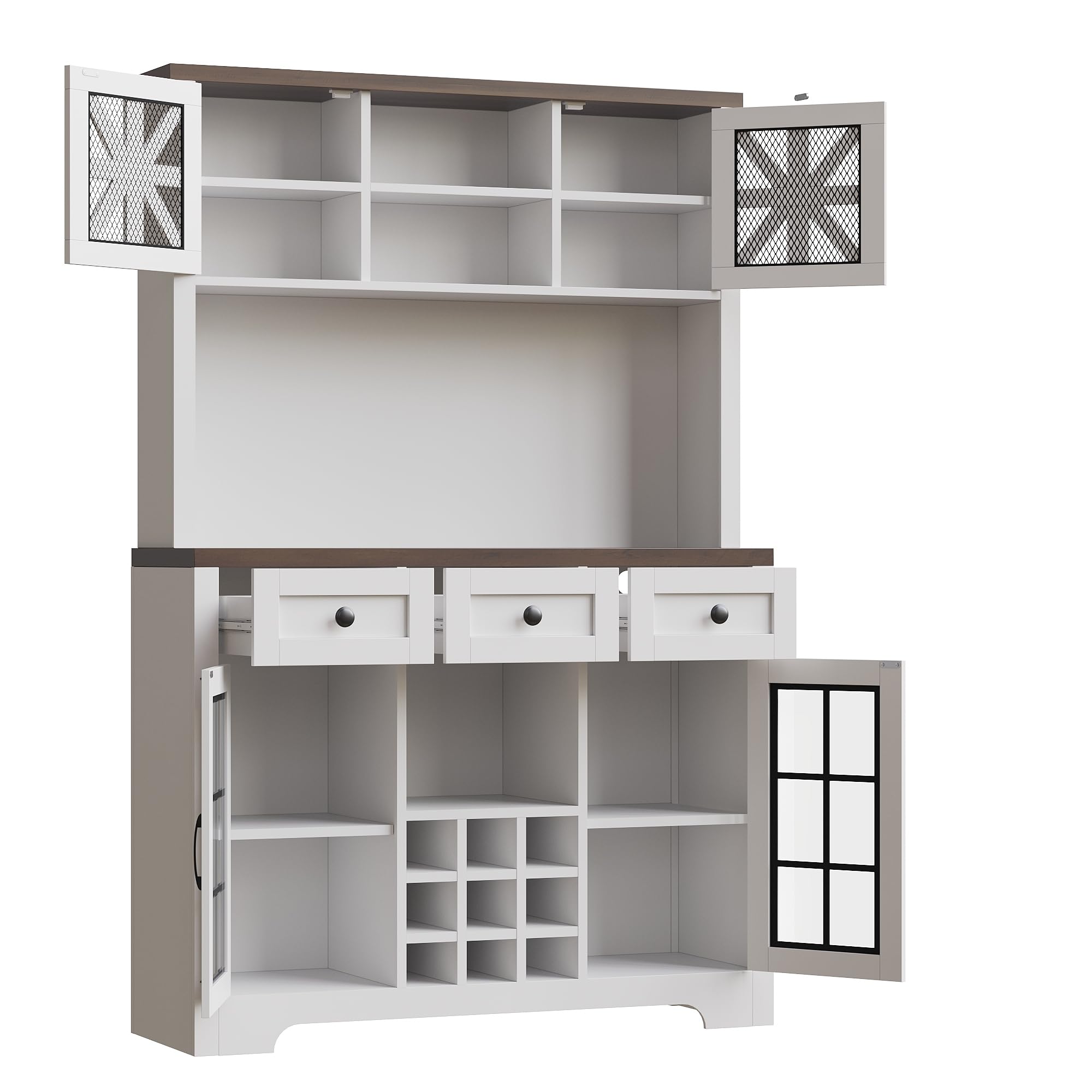 Hochschrank, Küchenschrank mit Smart LED Beleuchtung, fürs Wohnzimmer, Seitenschrank mit Weinregal und Kippsicherung, Verstellbare Einbauregale