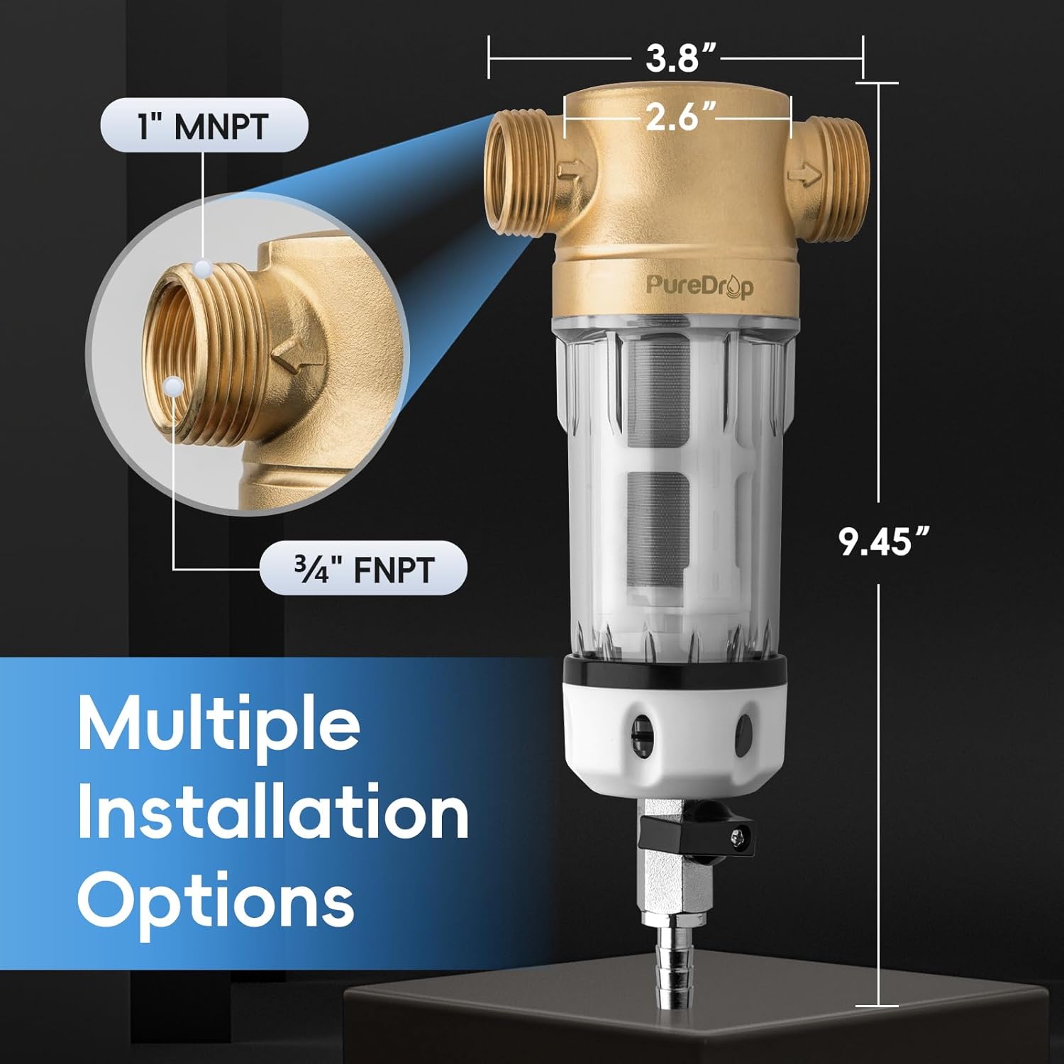 PDR-50WSP Spin Down Sediment Filter, Reusable Whole House Sediment Water Filter for Well Water, 50-Micron Flushable Prefilter Filtration System with Scraper, 1" MNPT + 3/4" FNPT
