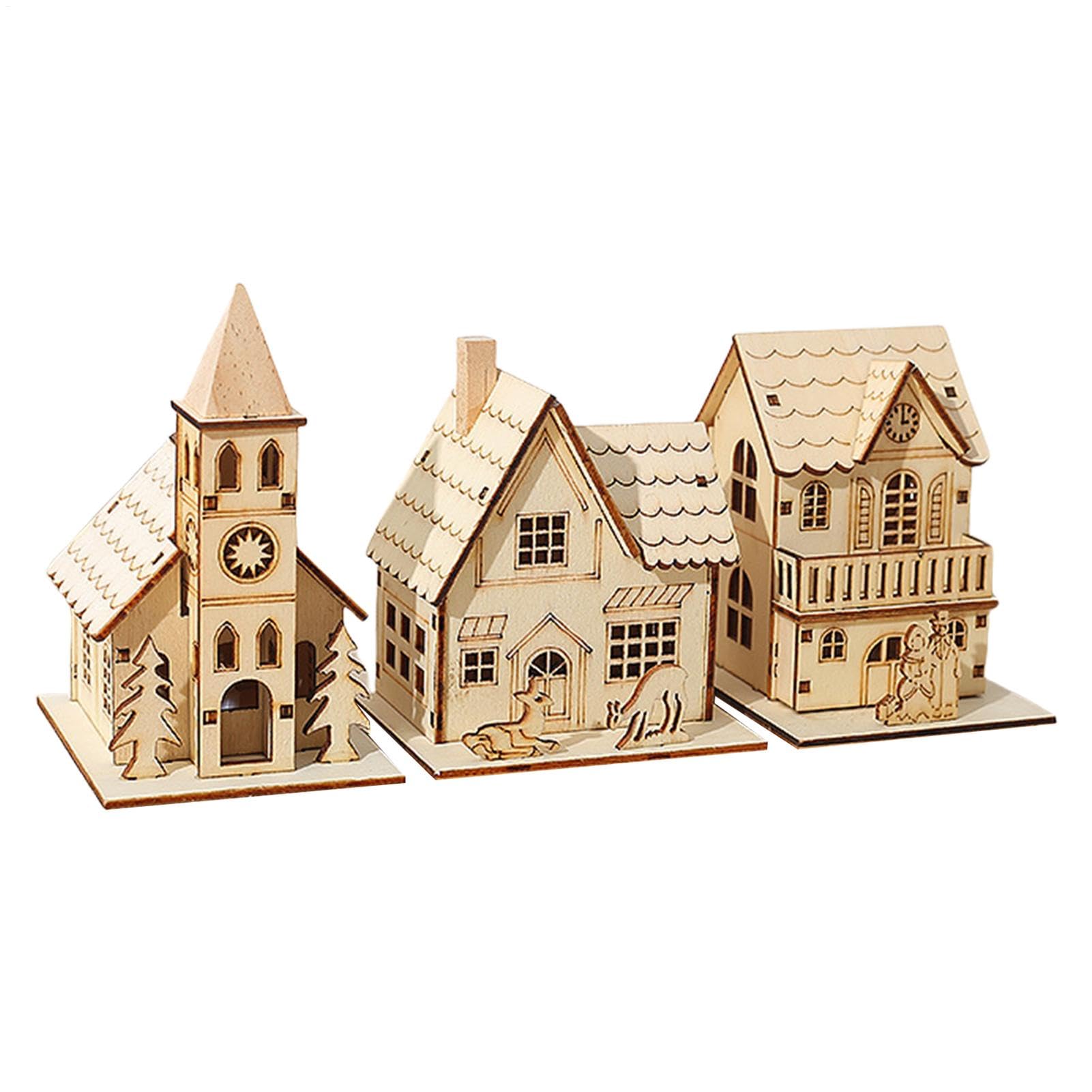 Qyljeiwred 3 Casas de Madera para Manualidades, pequeñas Casas de Navidad de Madera con Luces LED, Adornos navideños decoración de casa de Pueblo