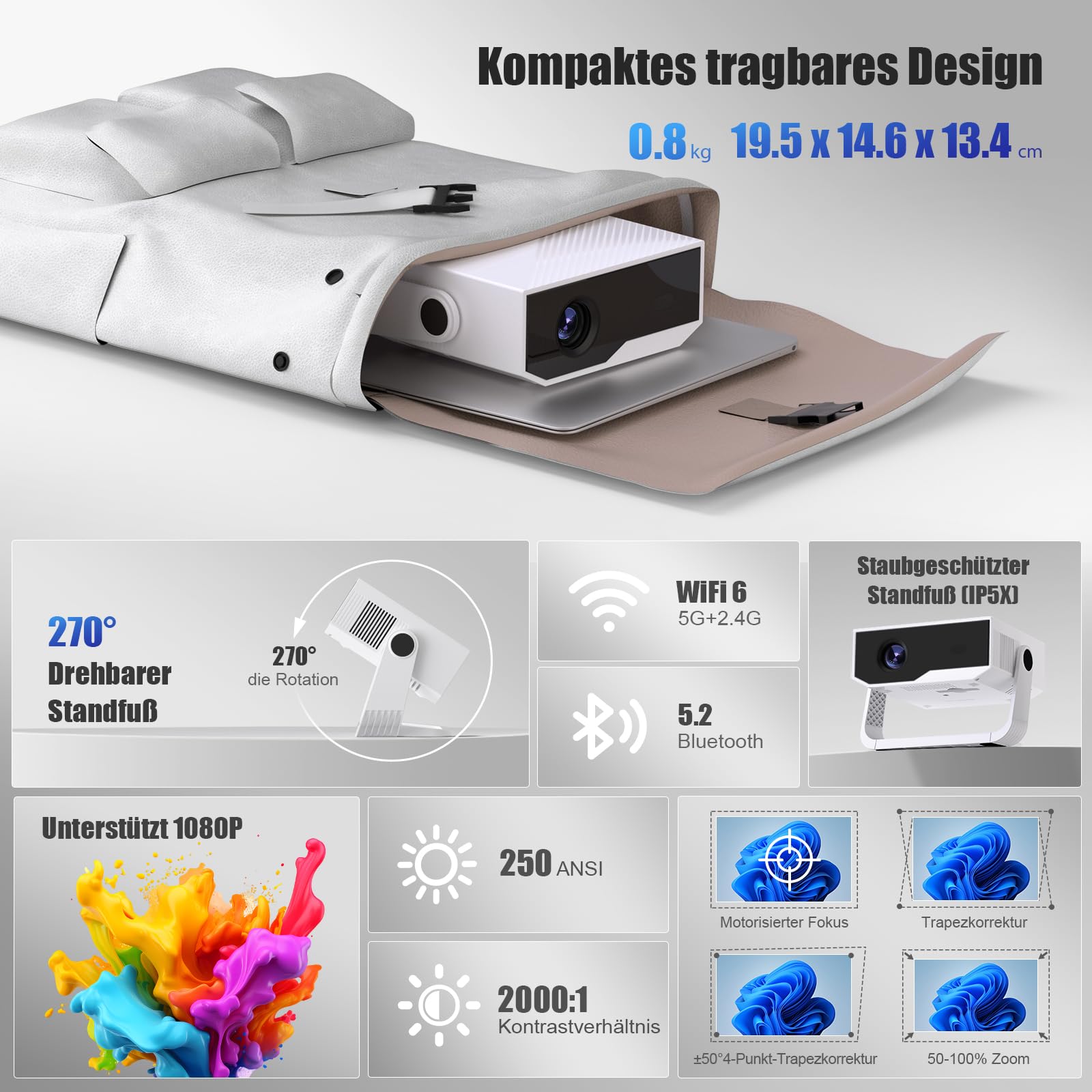 ZDK 2026 Upgrade Mini Beamer Integrierte Apps, Android 14, unterstützt 4K 1080P, Trapezkorrektur, WLAN&BT Beamer 4K Heimkino, Projektor Tragbarer mit um 270° drehbarem Ständer, Kompatibel Laptop/Handy
