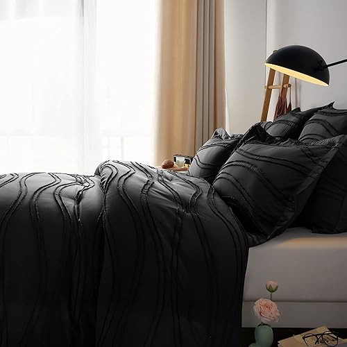 Miniatura 3 de Gemarwel Juego de edredón negro tamaño individual, edredón blanco suave de 2 piezas, juego de ropa de cama y colecciones ligero bohemio copetudo