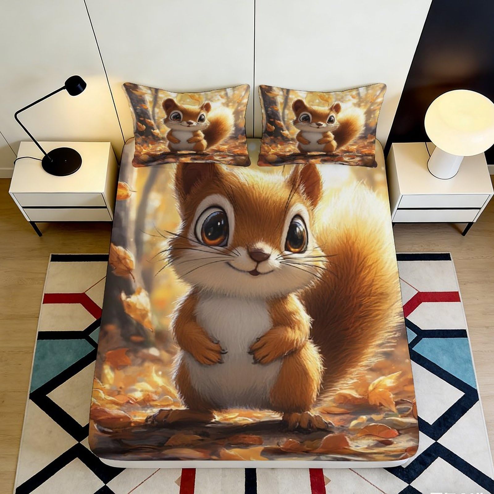 Uynsixtme Style-2 3D Printed Squirrel Fitted Sheet Microfiber Deep Pocket Non-Slip Bedroom Bedding Squirrel Mattress Fitted Cover Washable For Adults 140X200x25cm