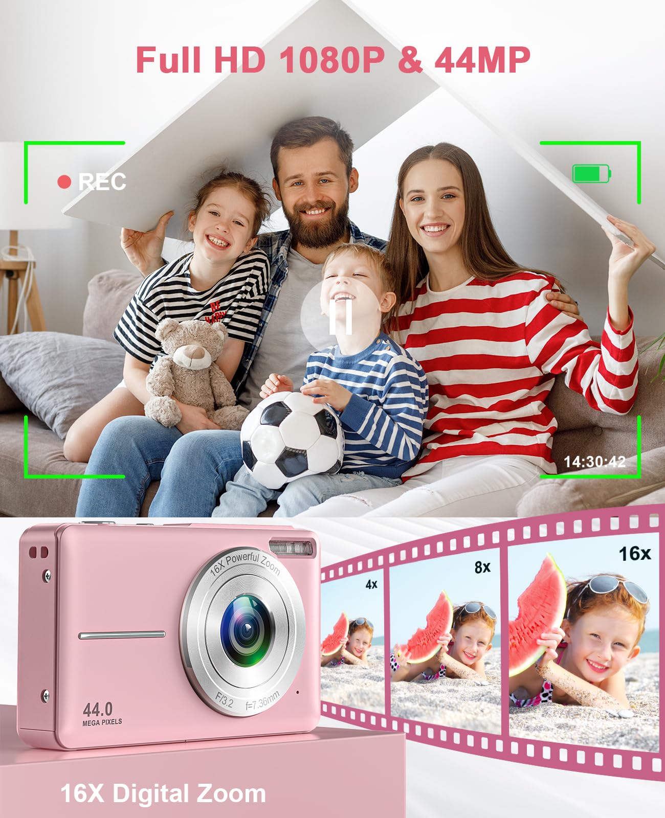 Cámara digital 1080P FHD 44MP cámara digital compacta con pantalla de 2.5 pulgadas, zoom 16X, antivibración, cámara digital portátil pequeña para niños, adolescentes, personas mayores, principiantes