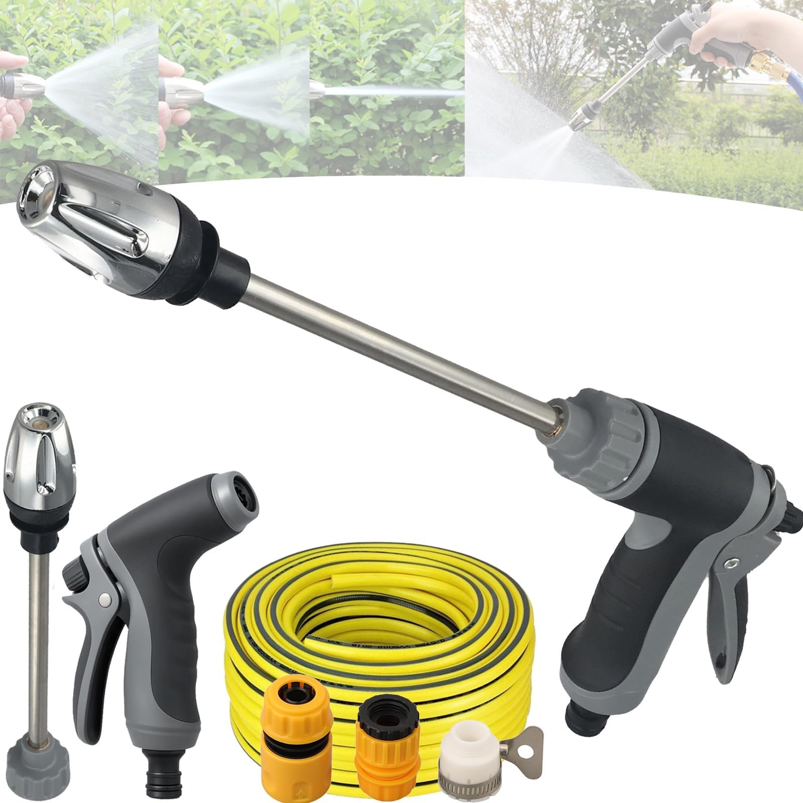 Power Jet Hochdruckpistole, Hochdruckpistole Für Gartenschlauch, Drei Sprüheffekte, 360° Drehbar, Ausgestattet Mit Metallgelenken Und 15 M Langem Teleskoprohr (A+15 m Wasserschlauch)