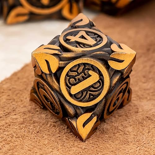 Miniatura 9 de KERWELLSI Juego de 7 piezas de dados DND de metal de hojas de vides naturales D&D con caja de regalo, dados poliédricos de oro antiguo de mazmorras