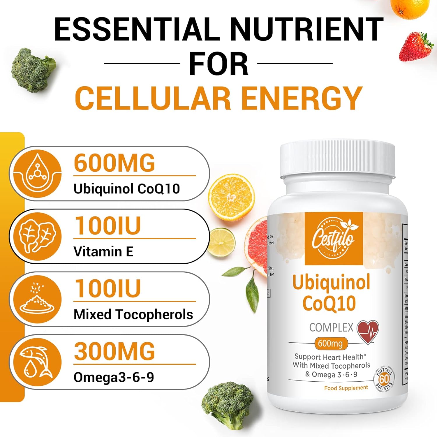 Ubiquinol CoQ10 600mg Softgels Active Form of CoQ10 Plus Vitamin E & Omega 3 6 9 Advanced