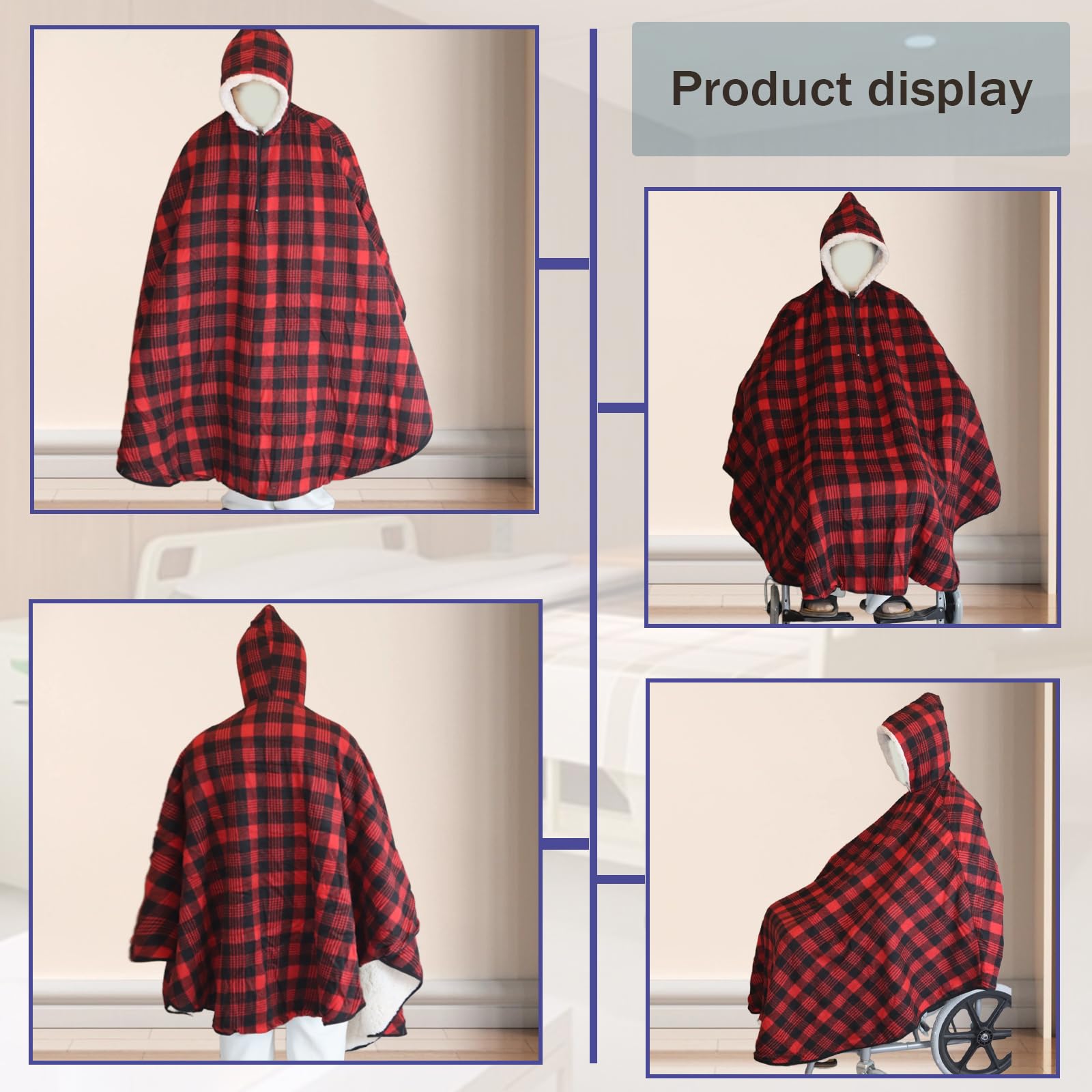 Manta polar para silla de ruedas con capucha, manta térmica de cuerpo completo para adultos, manta ligera de invierno para silla de ruedas (rojo)